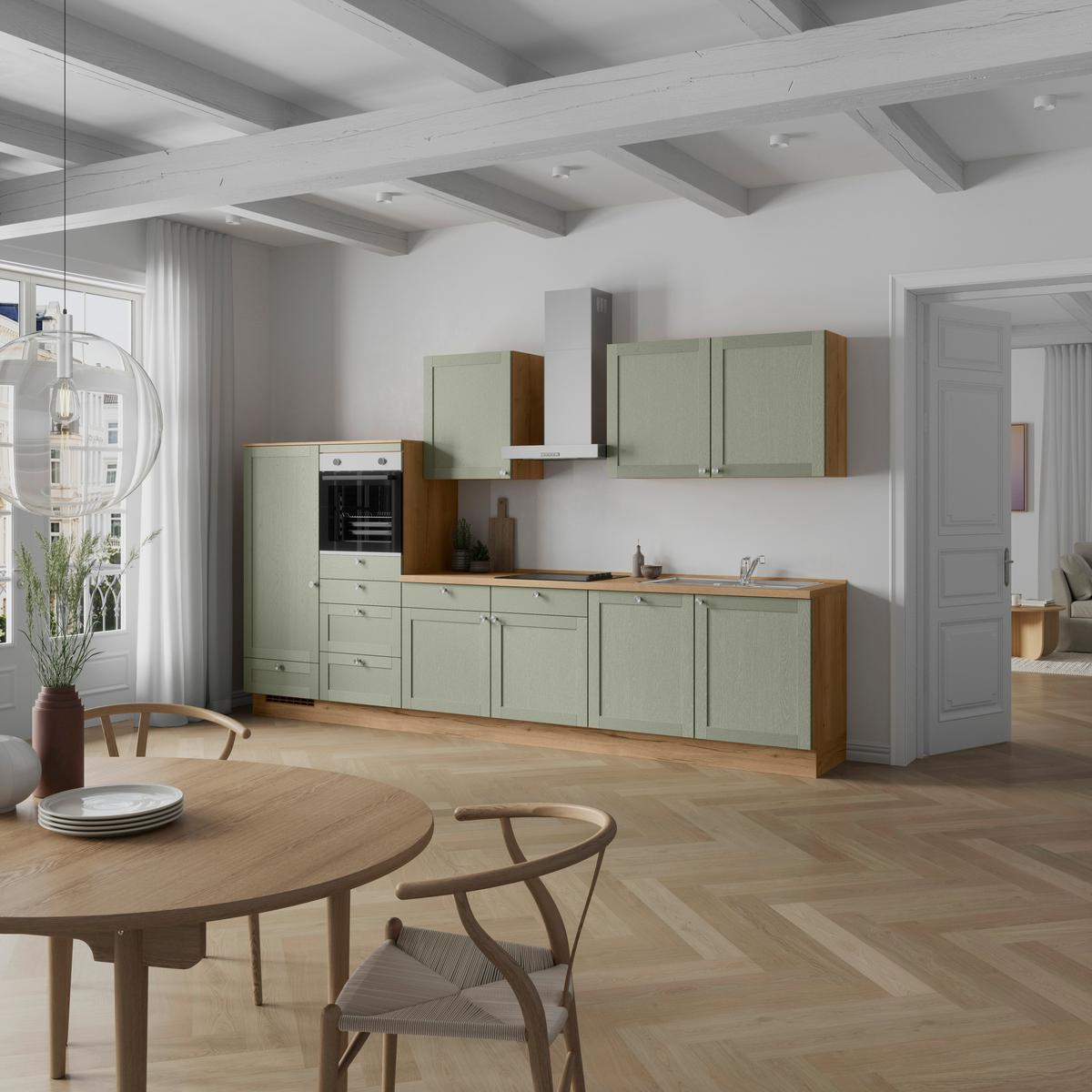 Küchenleerblock Frame Low o. Geräte Olivgrün - Edelstahlfarben/Eichefarben, MODERN, Holzwerkstoff/Metall (360cm) - Nobilia
