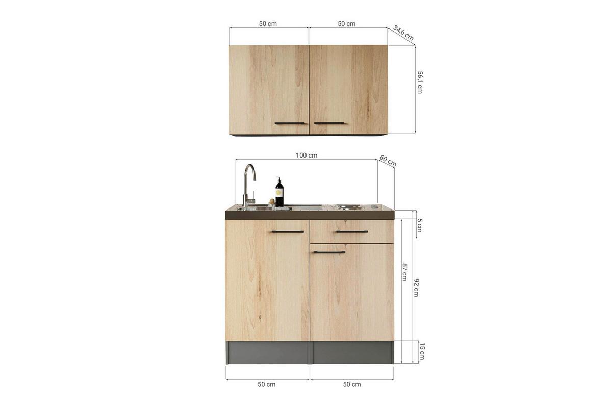 Miniküche Oliver m. Gerät ca. 100cm Grau - Schwarz/Grau, Trend, Holzwerkstoff/Metall (100cm) - Respekta