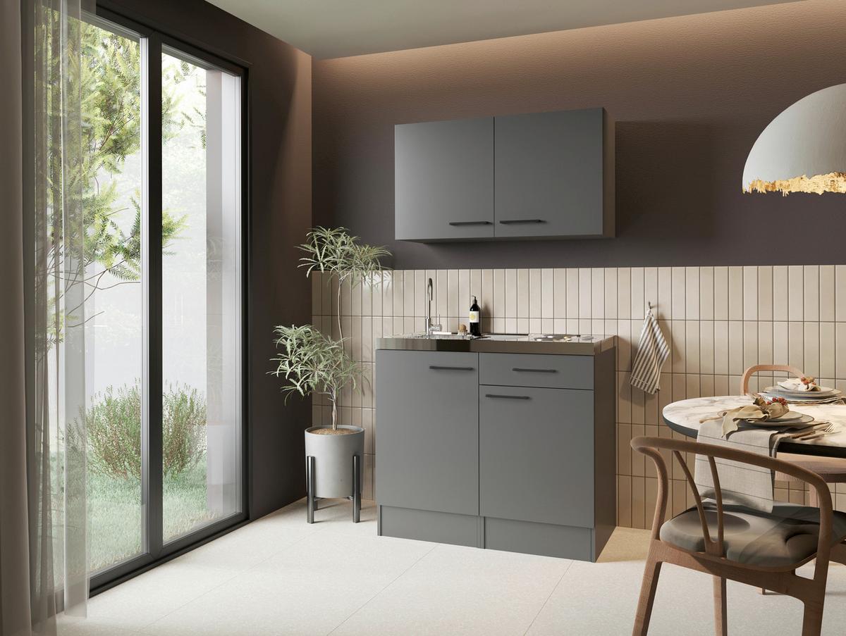 Miniküche Oliver m. Gerät ca. 100cm Grau - Schwarz/Grau, Trend, Holzwerkstoff/Metall (100cm) - Respekta