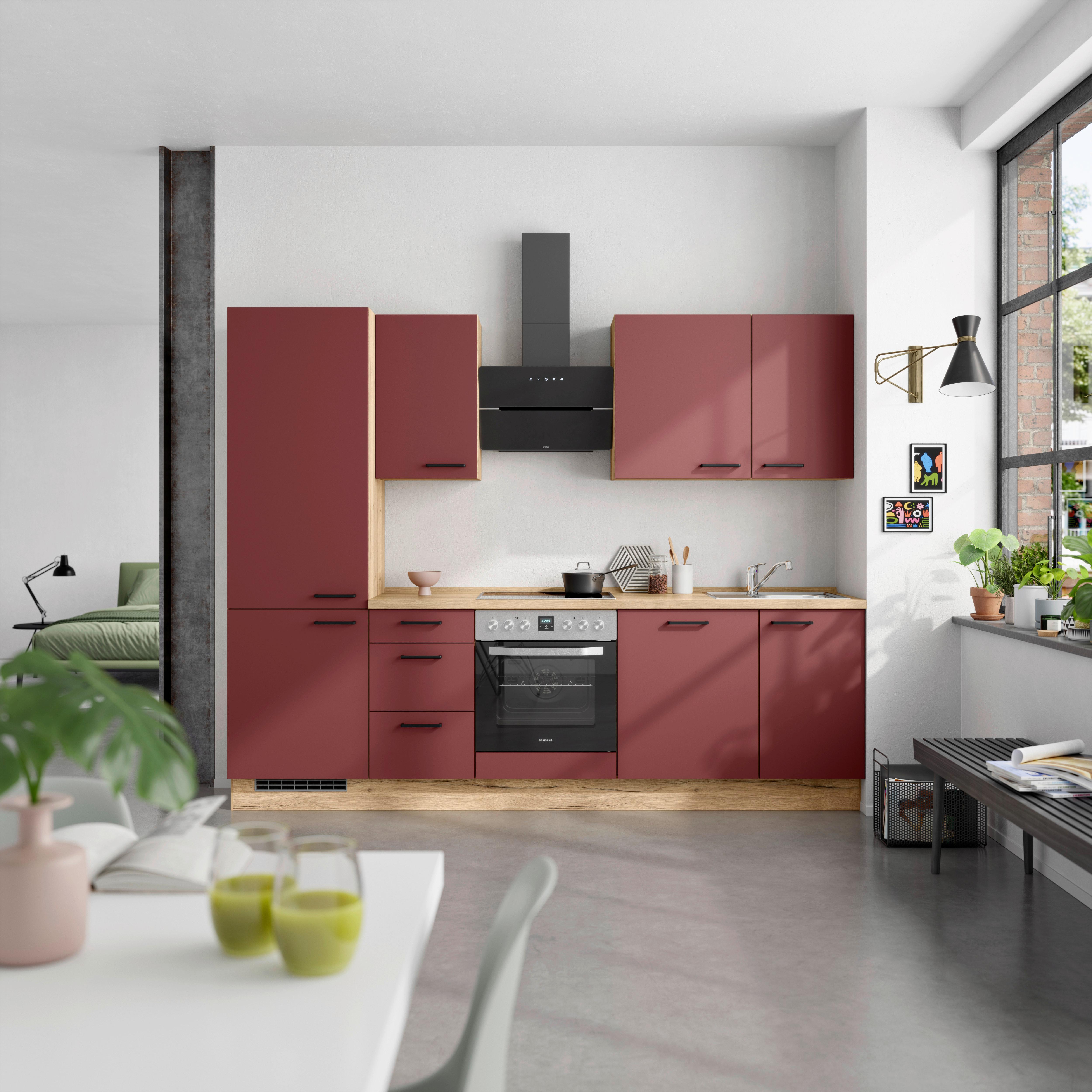 Küchenblock Easytouch High m. Geräten Dunkelrot - Eichefarben/Schwarz, MODERN, Holzwerkstoff/Metall (270cm) - Nobilia