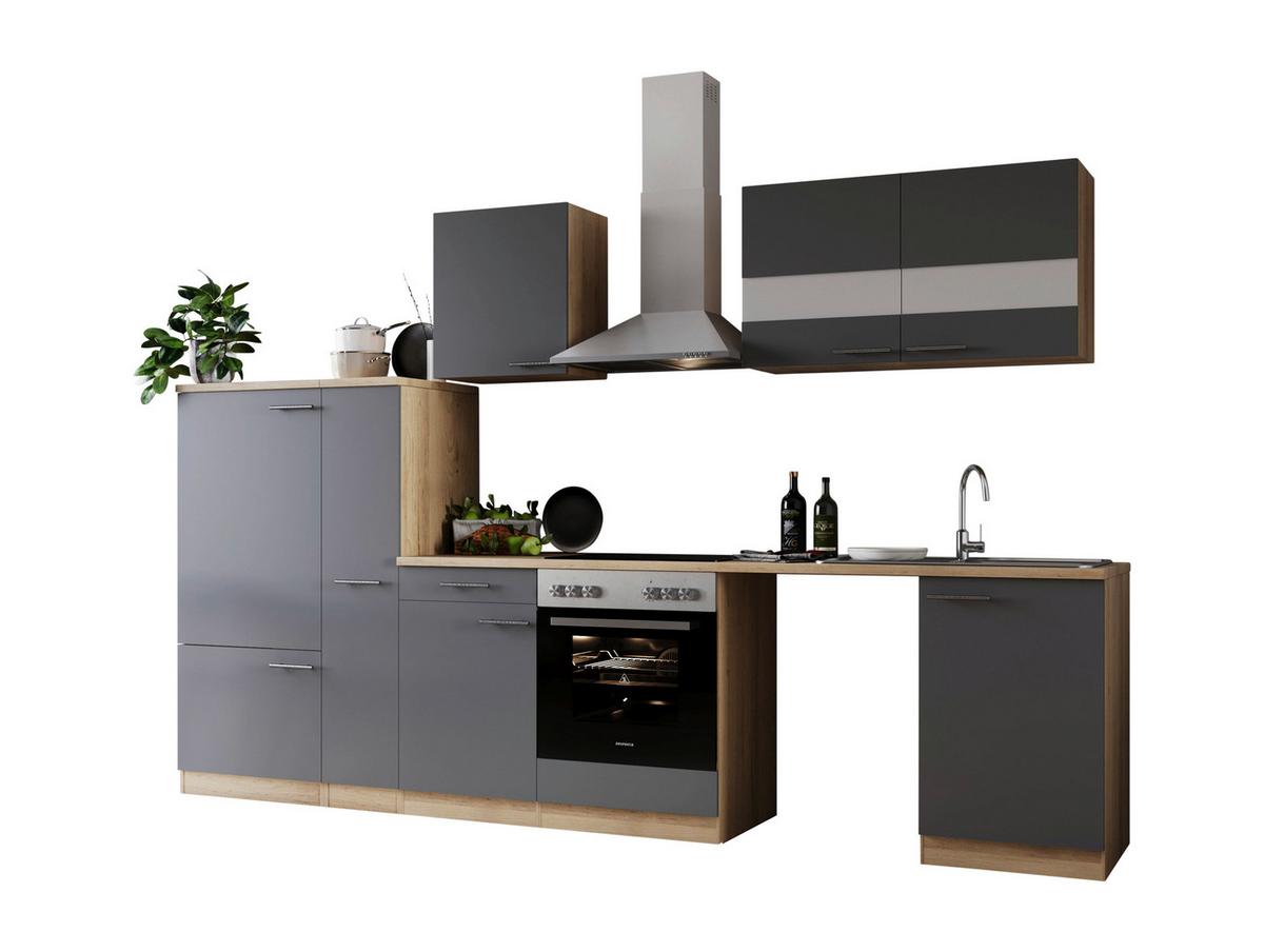 Küchenblock Merle m. Geräte Grau - Edelstahlfarben/Eichefarben, Basics, Glas/Holzwerkstoff (310cm) - Respekta