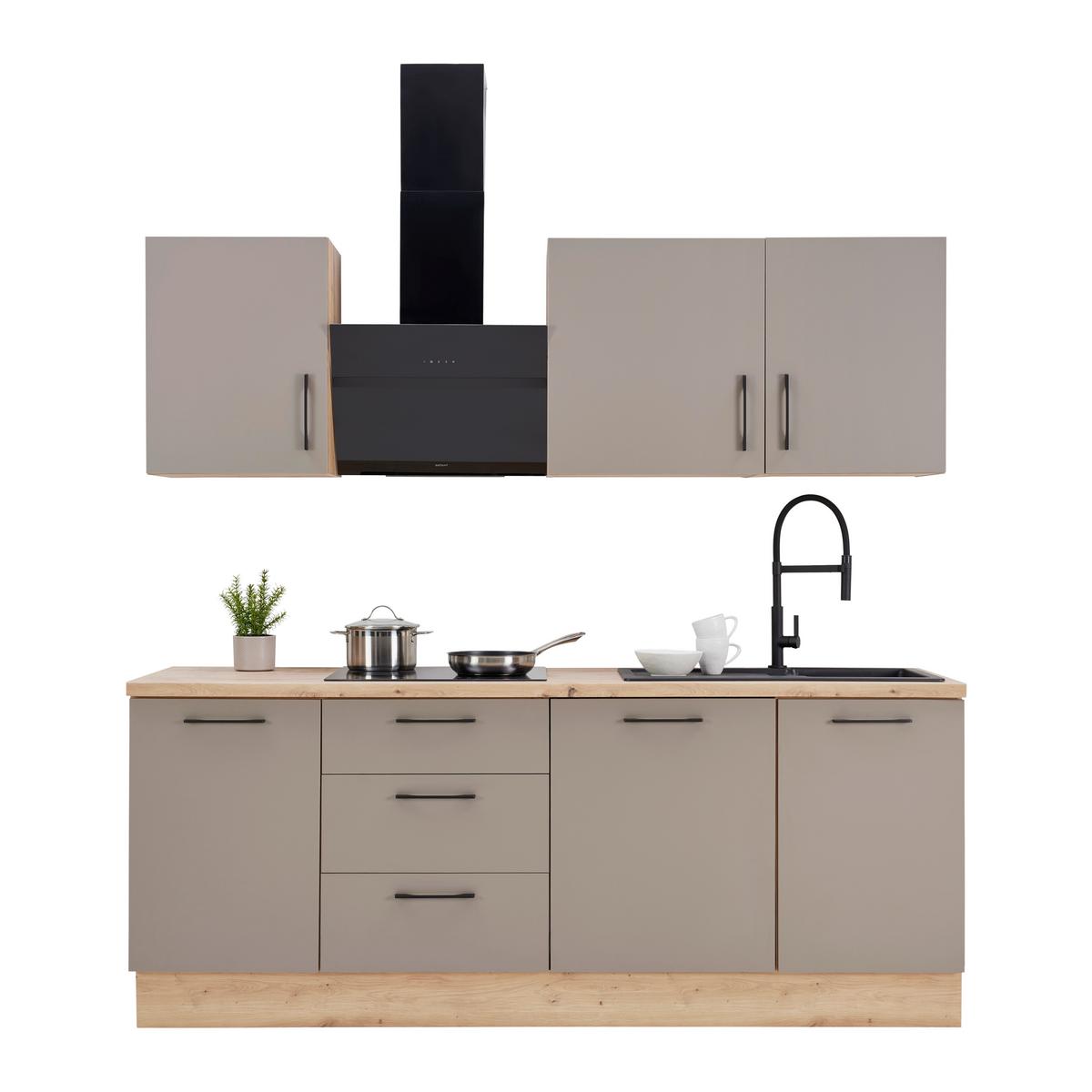 Küchenblock LINZ 220cm in Cubanit grau, ohne Geräte - Schwarz/Eiche Artisan, MODERN, Holzwerkstoff/Metall (220cm)