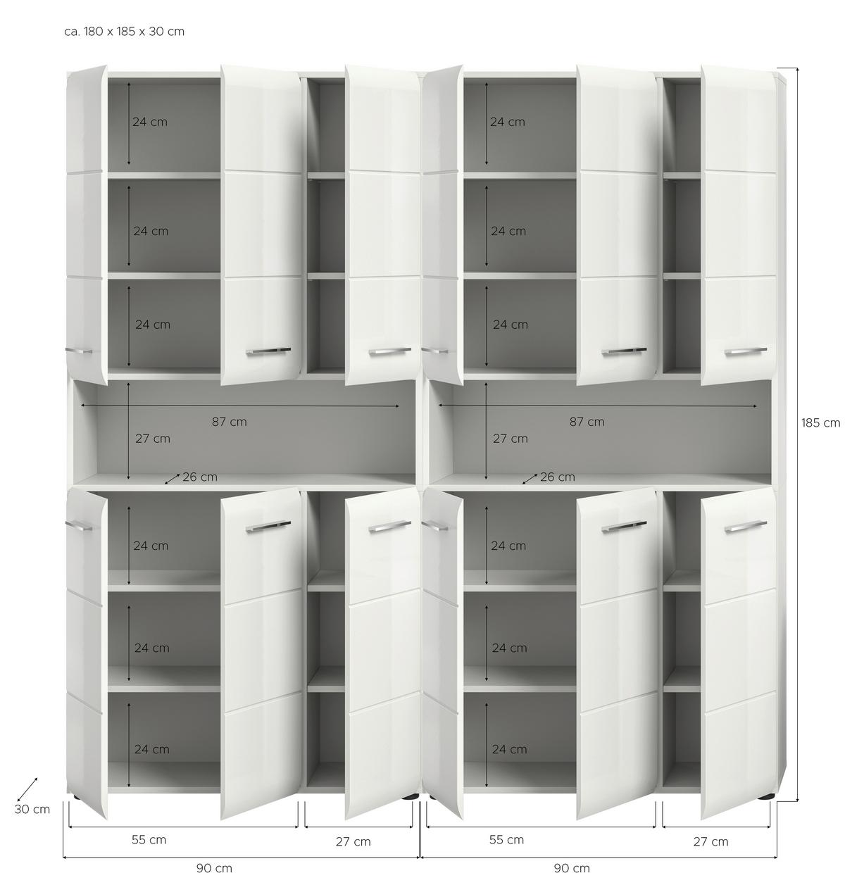 Hochschrank Ice ca. 180x185 cm Weiß - Weiß Hochglanz/Silberfarben, MODERN, Holzwerkstoff/Kunststoff (180/185/30cm) - MID.YOU