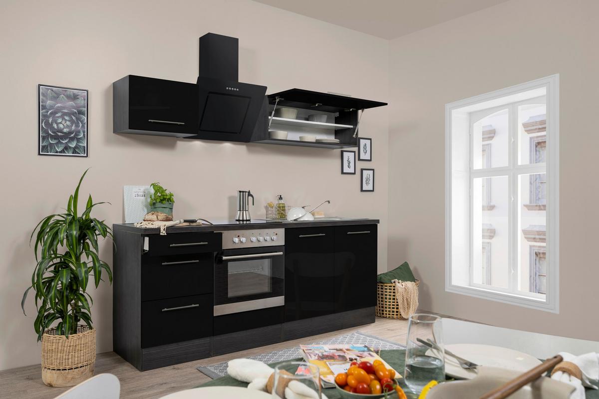 Küchenblock Schwarz Hochglanz m. Geräte B: ca. 210 cm - Schwarz/Alufarben, Basics, Holzwerkstoff (210cm) - Respekta