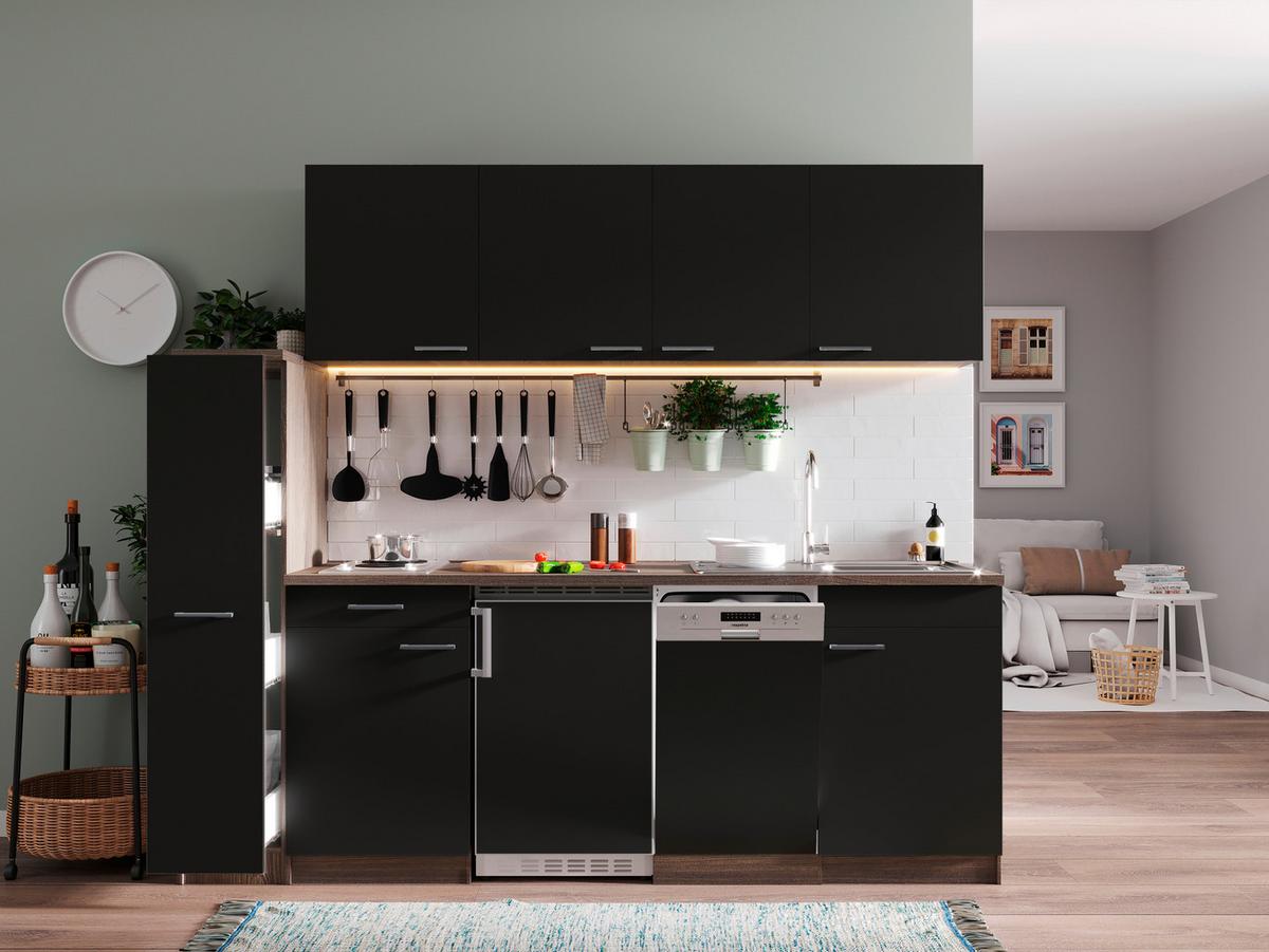 Küchenblock Oliver mit Geräten ca. 225 cm Schwarz - Eichefarben/Schwarz, Basics, Holzwerkstoff/Kunststoff (225cm) - Respekta