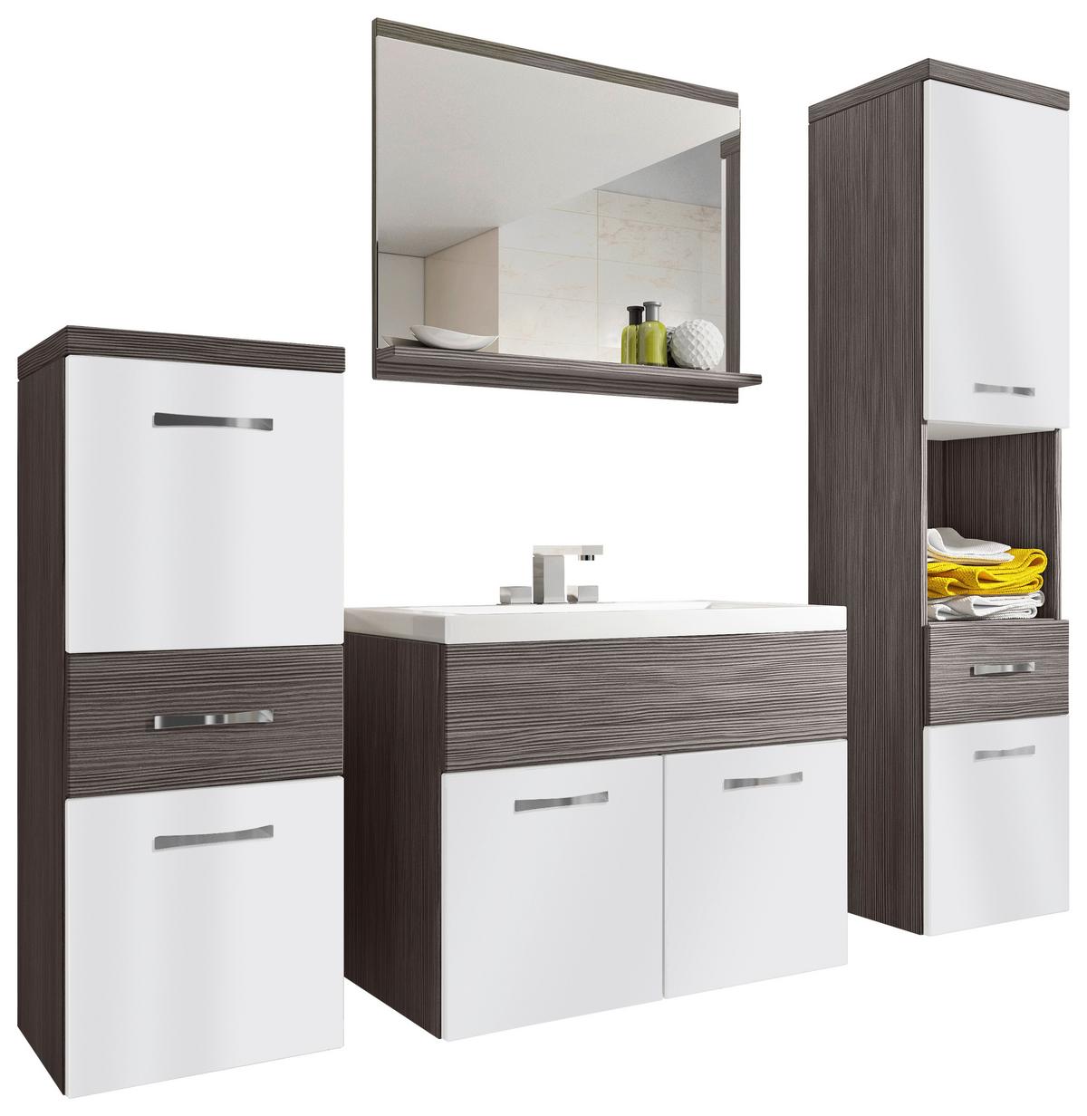 Badmöbel-Set 5-tlg. Alba ca. 140 cm Eiche Bodega/Weiß - Eichefarben/Weiß Hochglanz, LIFESTYLE, Holzwerkstoff/Metall (120cm) - P & B