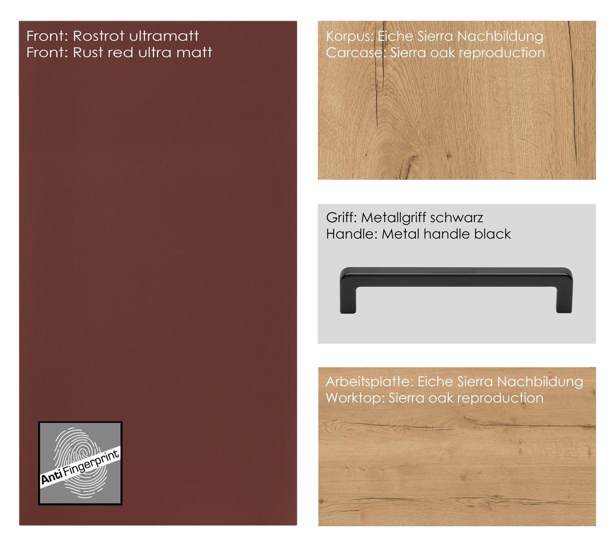 Küchenblock Easytouch Low m. Geräten Dunkelrot - Eichefarben/Schwarz, MODERN, Holzwerkstoff/Metall (330cm) - Nobilia