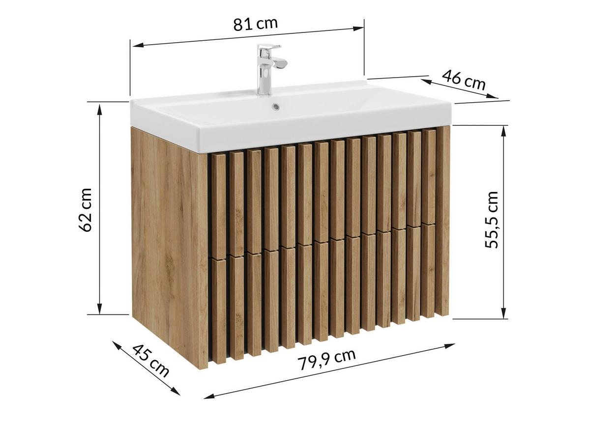 Bază cu lavoar Line - alb/culoare lemn stejar, Modern, ceramică/material pe bază de lemn (81cm) - Welnova