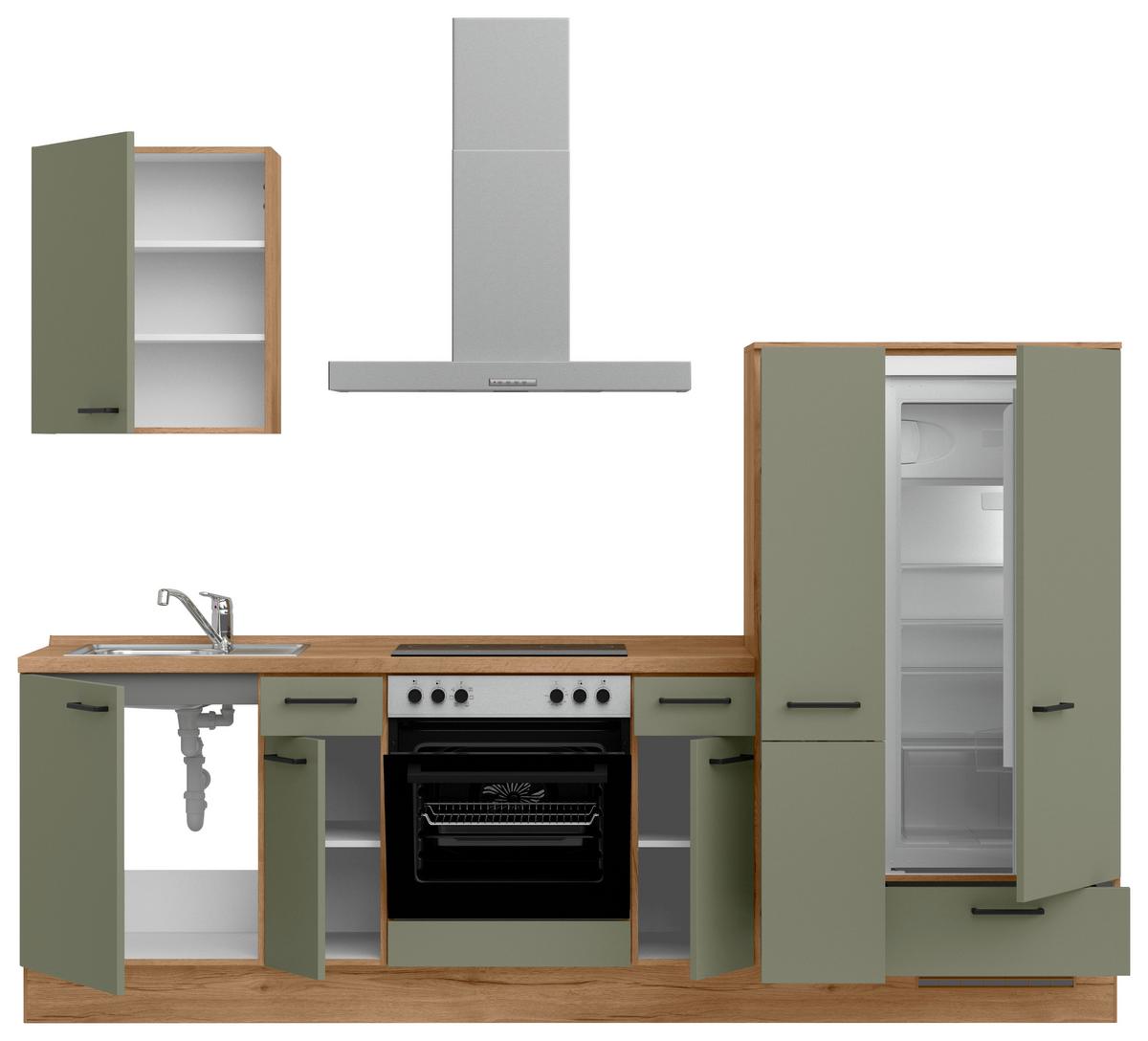 Küchenleerblock Senso Low o. Geräte Olivgrün - Eichefarben/Schwarz, MODERN, Holzwerkstoff/Metall (270cm) - Nobilia