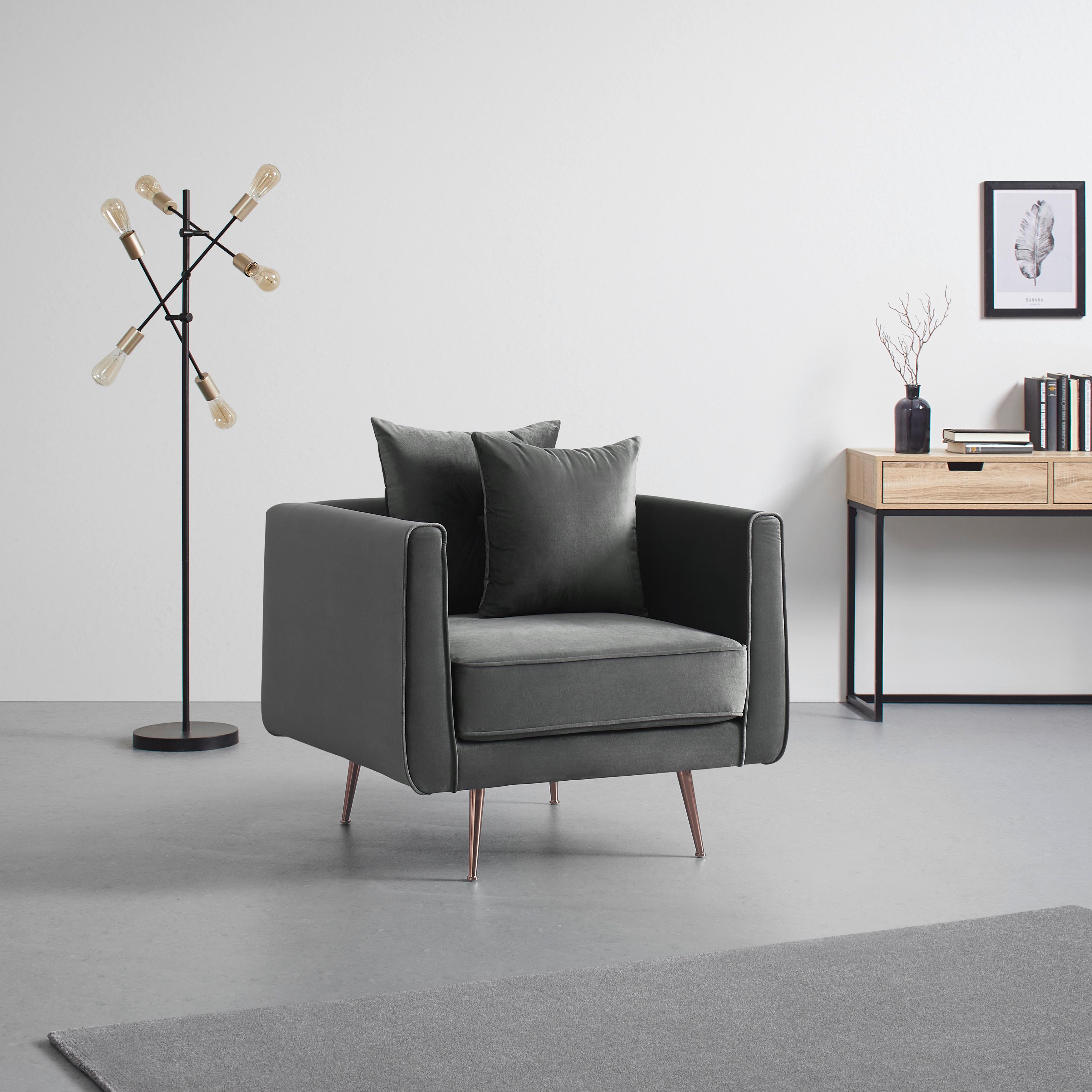 Sessel LUIS grau Samt - Roségold/Grau, Modern, Holz/Textil (90/87/87cm) - Bessagi Home
