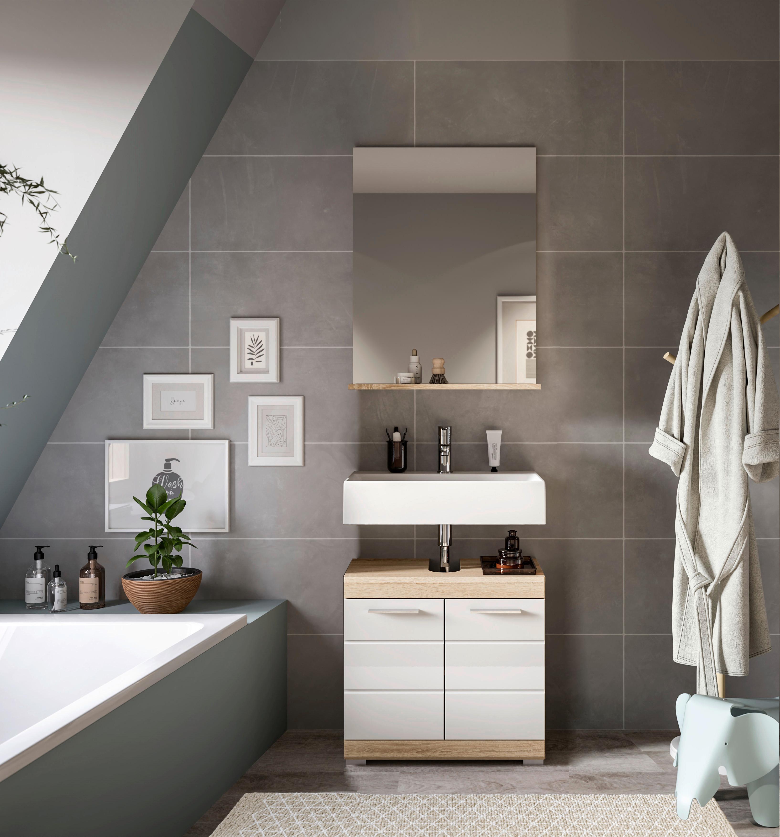 Badezimmer Lambada 2-tlg. ca. 60 cm Eiche/Weiß - Weiß Hochglanz/Silberfarben, MODERN, Glas/Holzwerkstoff (60cm) - MID.YOU
