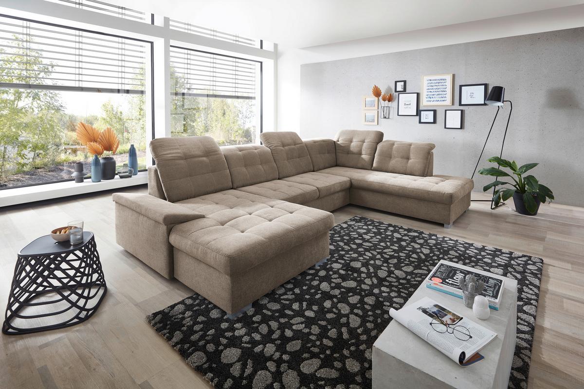 Wohnlandschaft Zira Taupe Nylon/Mikrofaser - Taupe/Chromfarben, Design, Kunststoff/Textil (169/330/212cm) - Livetastic