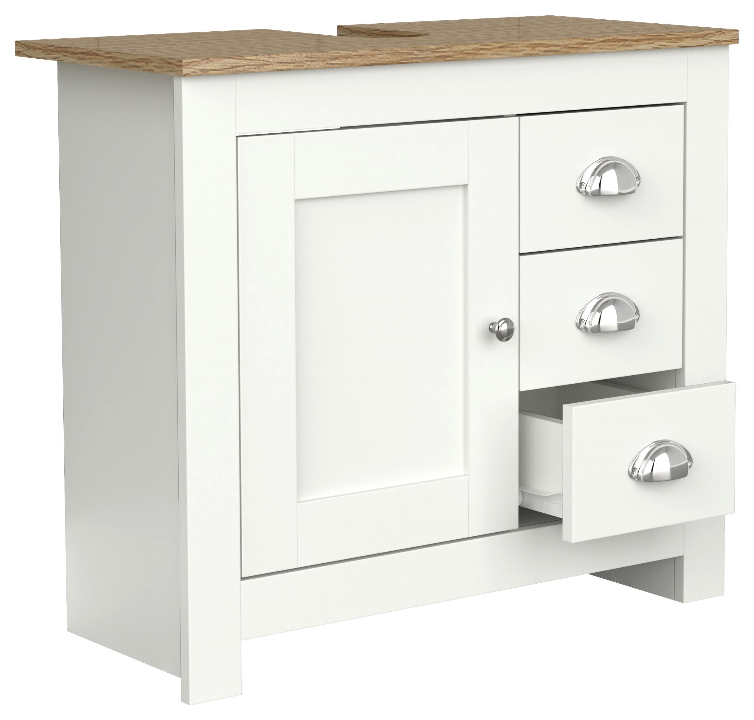 Waschbeckenunterschrank Belusa ca. 65x58 cm Weiß/Eiche - Eichefarben/Silberfarben, MODERN, Holzwerkstoff/Metall (65/58/30cm) - MID.YOU