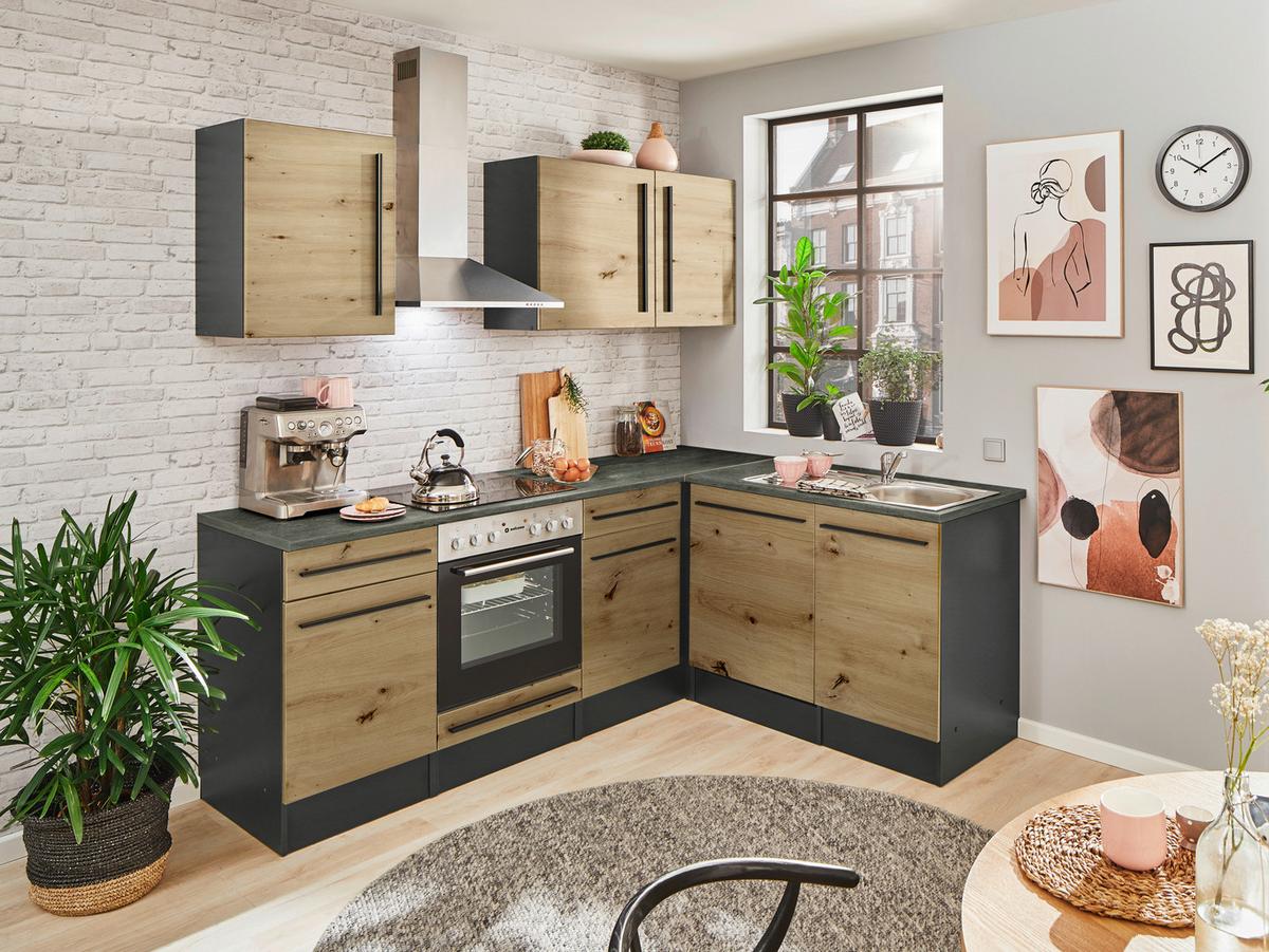 Eckküche Jazz mit Geräten ca.220x175cm Eiche/Anthrazit - Anthrazit/Schwarz, LIFESTYLE, Holzwerkstoff/Kunststoff (220/175cm) - P & B