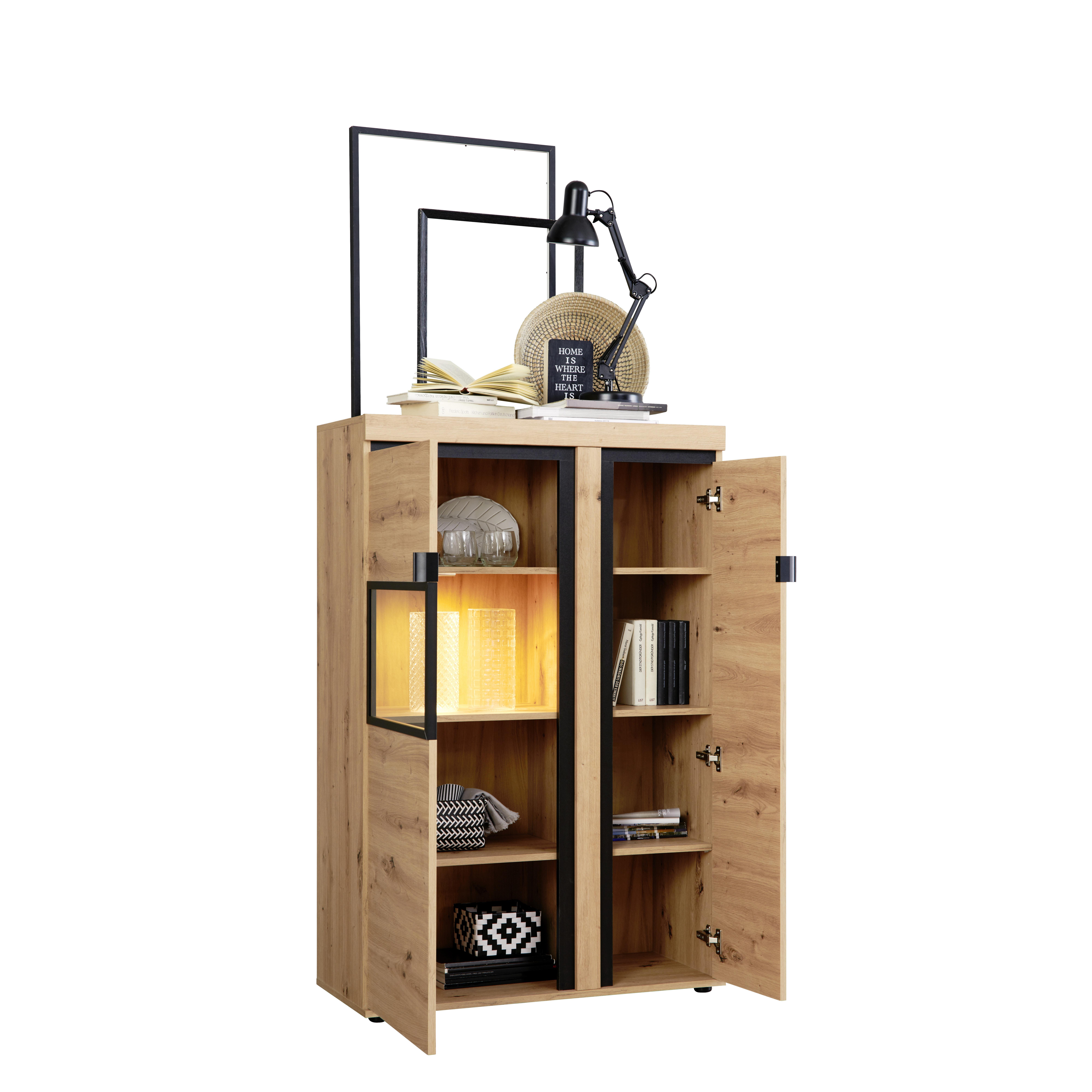 Vitrina Nyon, Barva Hrasta, Črna, Led - črna/barve hrasta, Moderno, kovina/umetna masa (89/138,1/40,5cm) - Mömax