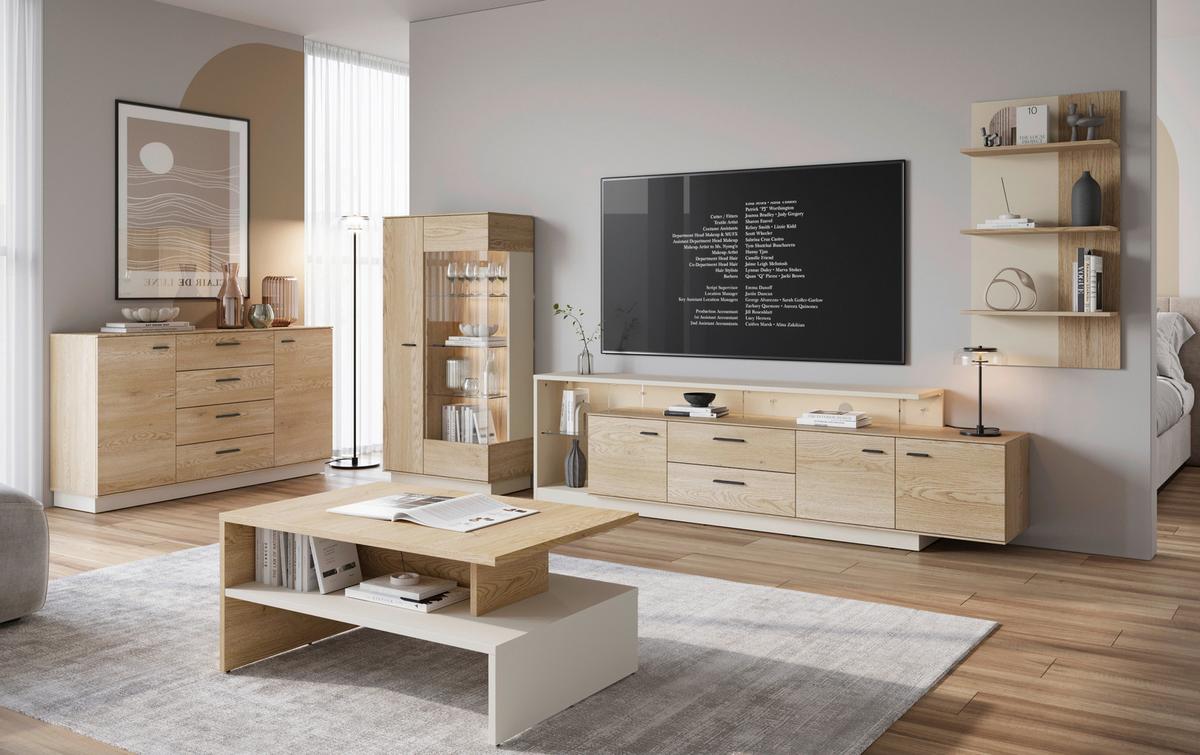 Comodă TV LAGOON - cașmir/culoare lemn stejar, Modern, sticlă/material pe bază de lemn (236,4/65,5/40cm) - Modern Living