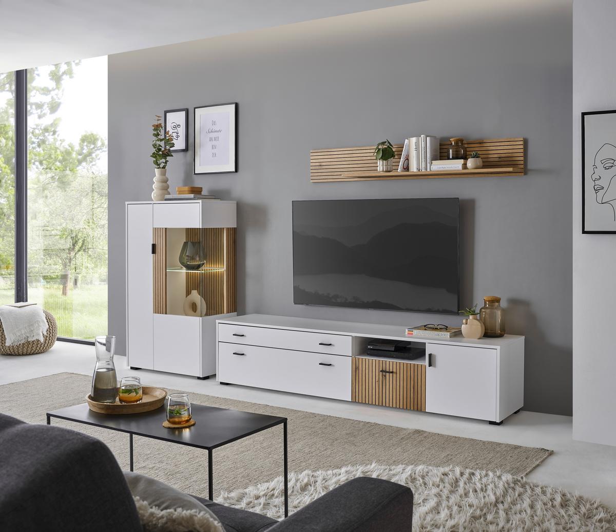 Wohnwand Husdon Weiß/Eichefarben - Eichefarben/Schwarz, Design, Glas/Holzwerkstoff (285/170/42cm) - MID.YOU