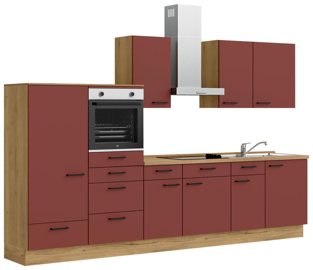 Küchenblock Easytouch Low m. Geräten Dunkelrot - Eichefarben/Schwarz, MODERN, Holzwerkstoff/Metall (330cm) - Nobilia