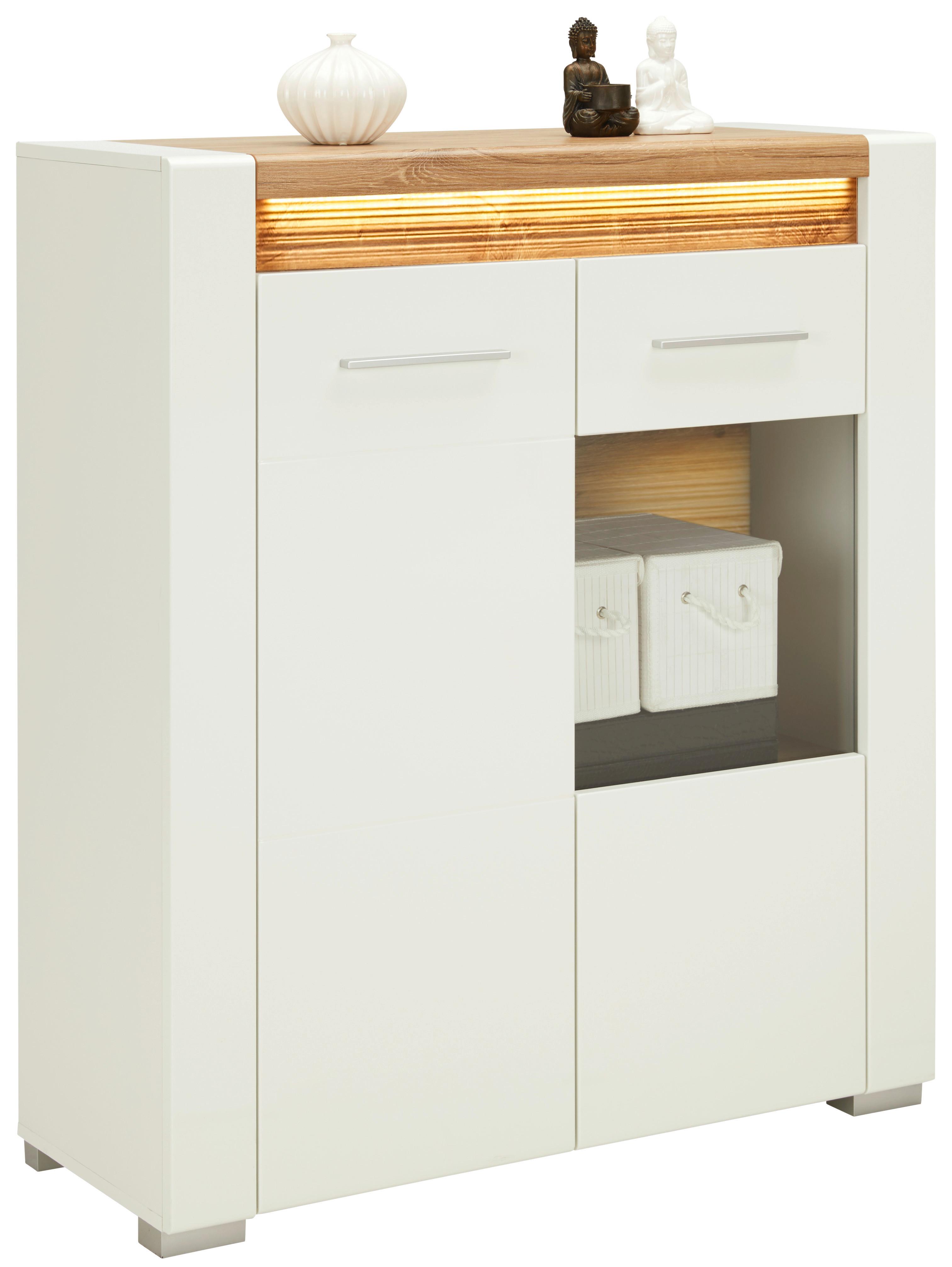 Highboard in Weiß Hochglanz - Chromfarben/Eichefarben, MODERN, Glas/Holzwerkstoff (100/116,5/40cm) - Mömax