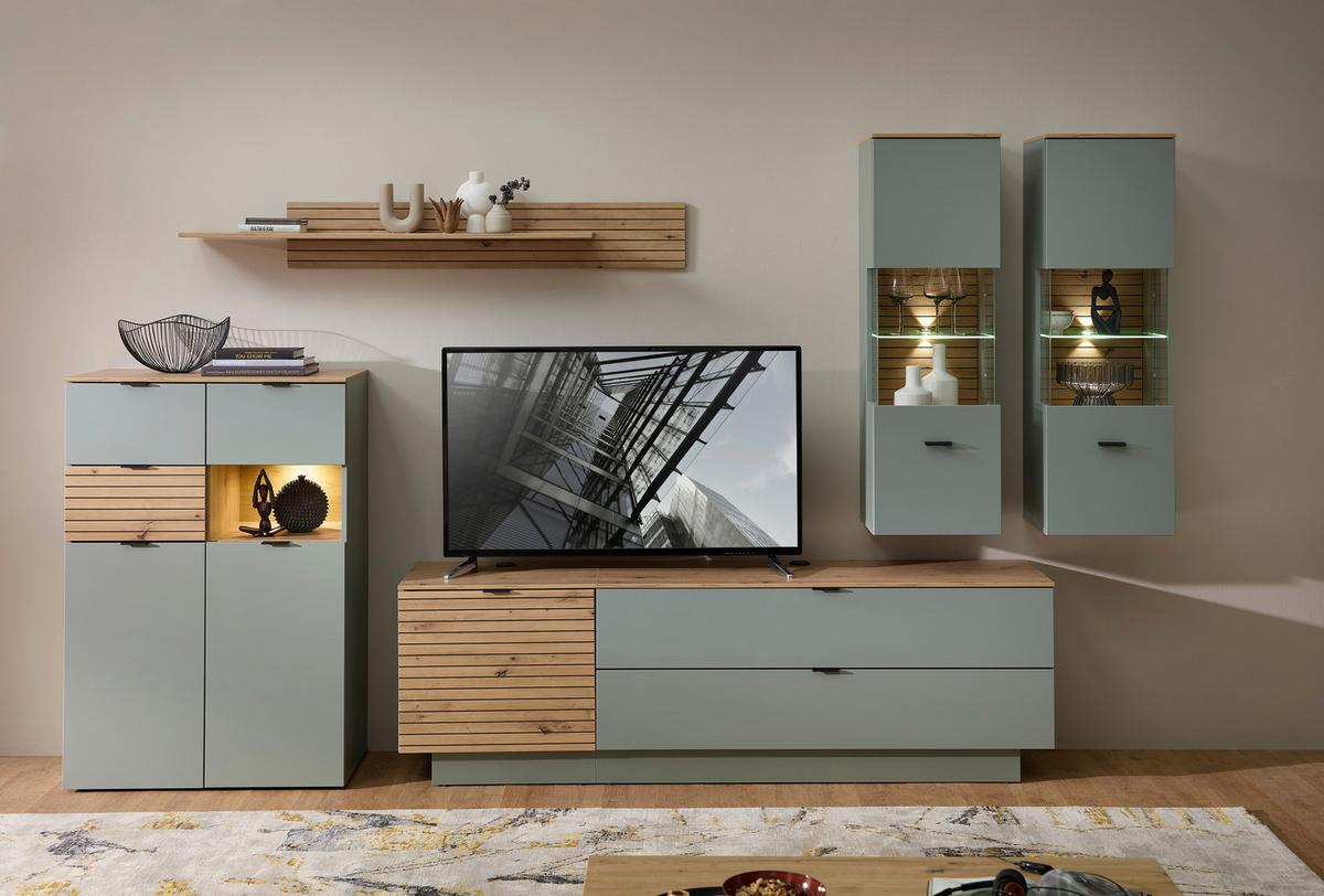 TV-Element Memphis Grün/Eiche Artisan - Schwarz/Eiche Artisan, MODERN, Holzwerkstoff/Metall (140/51/44cm) - Premium Living