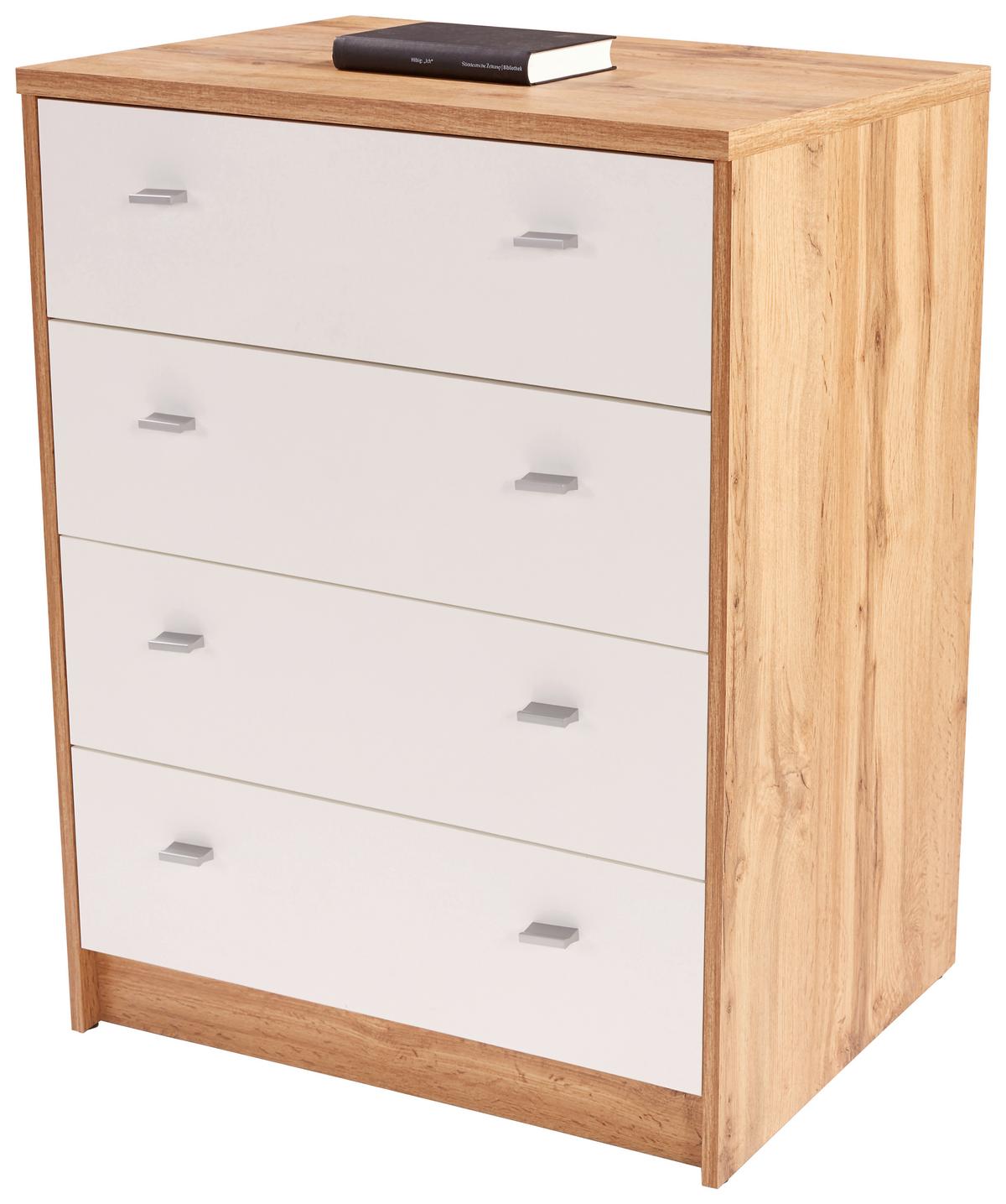 Komód 4 Fiók Tölgy-fehér Szín 4-You - krómszínű/tölgyfa színű, Modern, faalapú anyag (74/85,4/44,5cm)