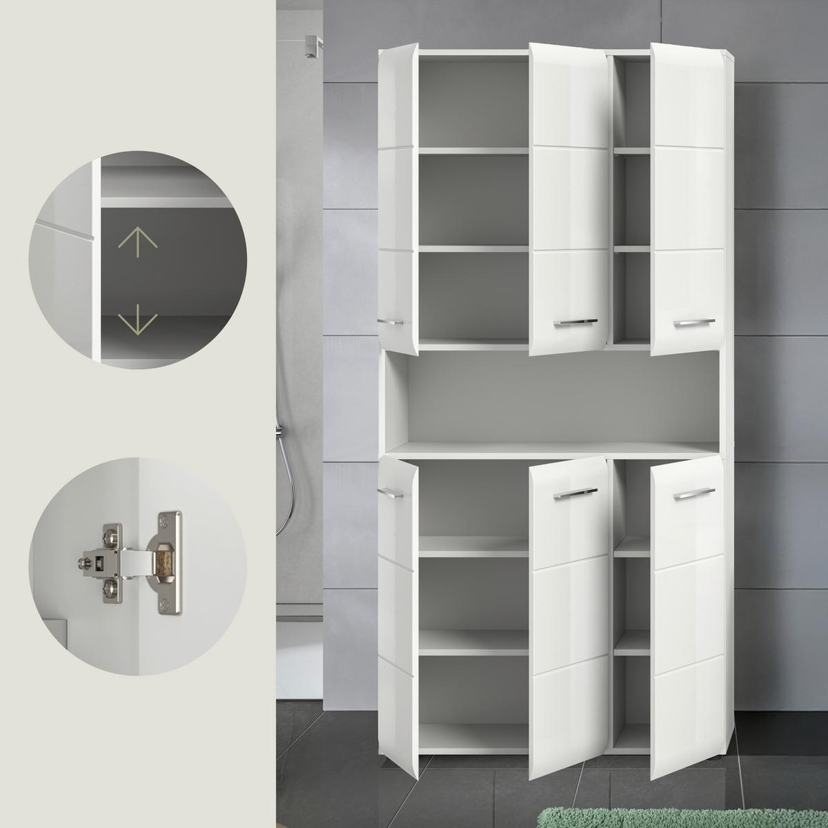 Hochschrank Ice ca. 90x185x30 cm Weiß - Weiß Hochglanz/Silberfarben, MODERN, Holzwerkstoff/Kunststoff (90/185/30cm) - MID.YOU