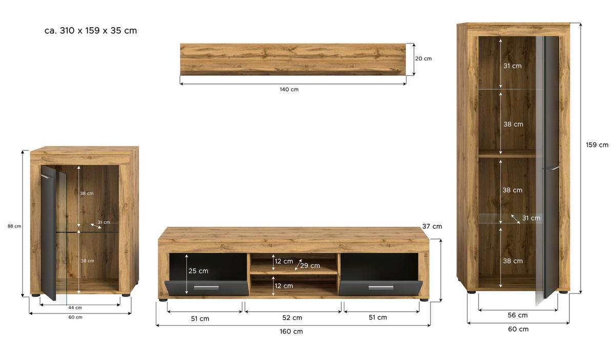 ANSAMBLU MOBILIER CAMERA DE Z JAM - stejar Wotan, Design, sticlă/material pe bază de lemn (310/169/35cm) - Modern Living