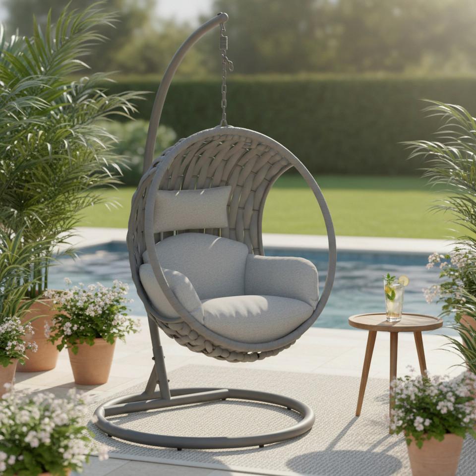 Hängesessel Mira Hellgrau Outdoorstoff/Metall/Kunststoff - Hellgrau, MODERN, Kunststoff/Textil (107cm) - Bessagi Garden