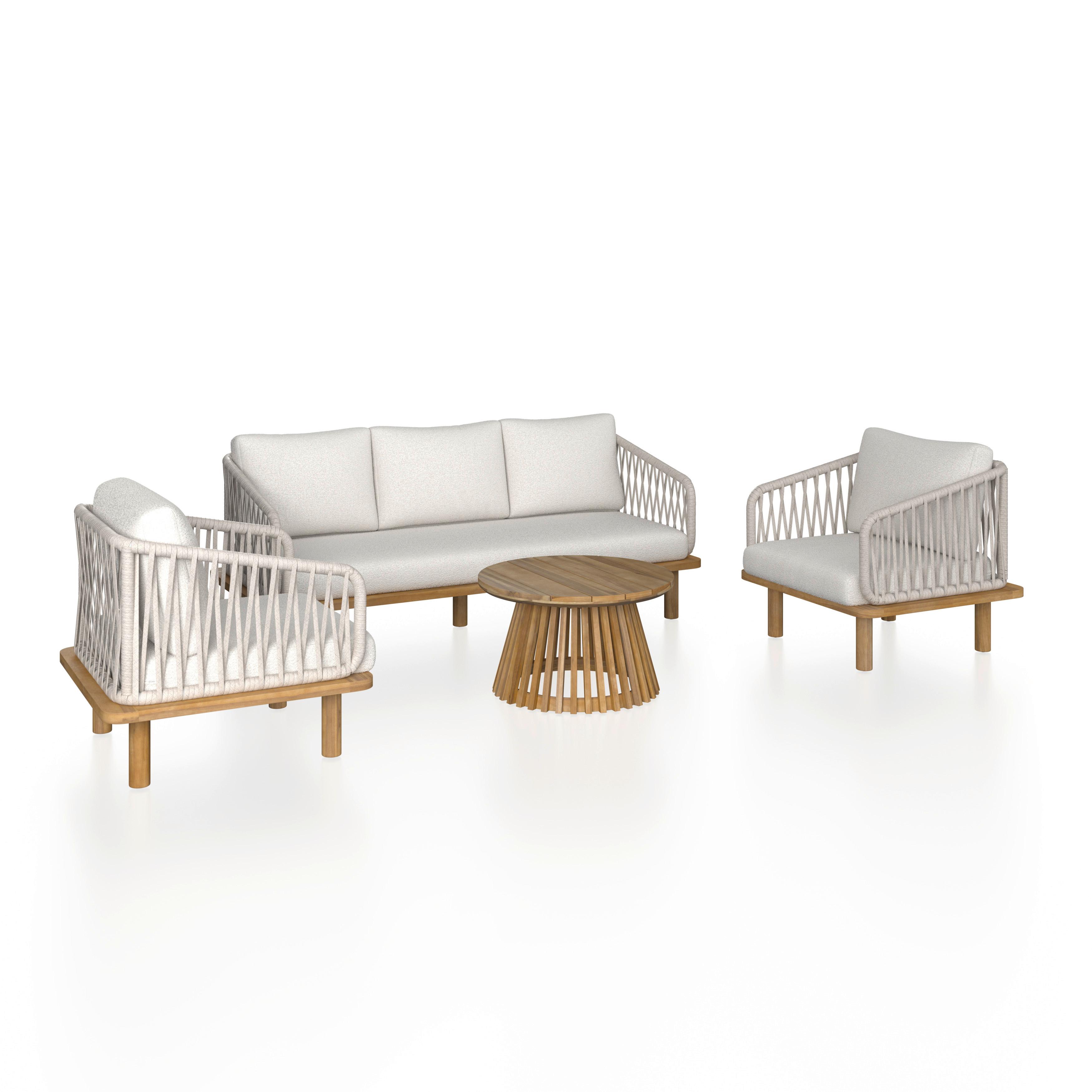 Loungegarnitur Mara Creme Echtholz/Textil/Metall - Weiss/Teakfarben, Modern, Holz/Textil (165/62,5/70cm) - Bessagi Garden
