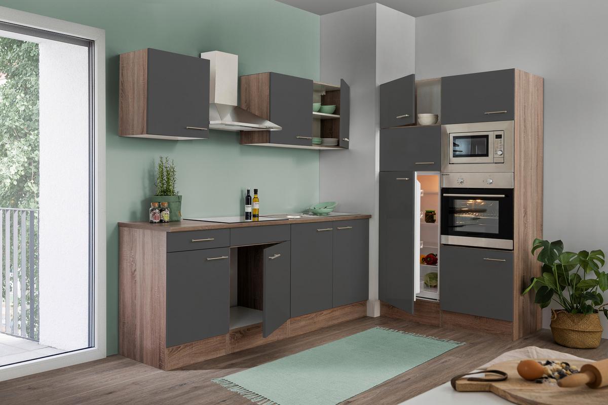 Küchenzeile Economy o. Geräte Grau/Eiche B: ca. 330 cm - Edelstahlfarben/Eichefarben, Basics, Holzwerkstoff/Metall (330cm) - Respekta