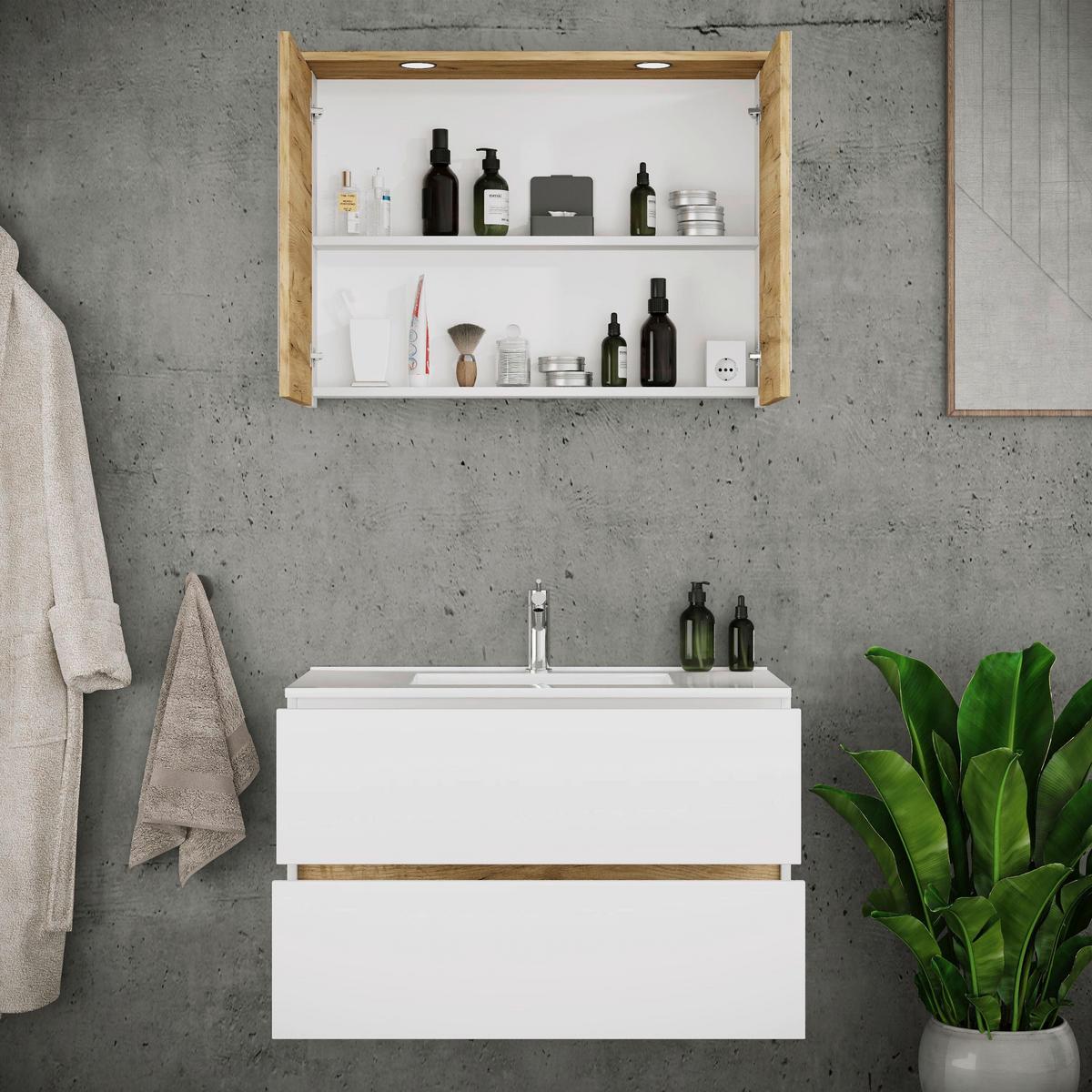 Badezimmer Cosila - Honigeiche/Weiss, Trend, Keramik/Holzwerkstoff (81cm) - MID.YOU