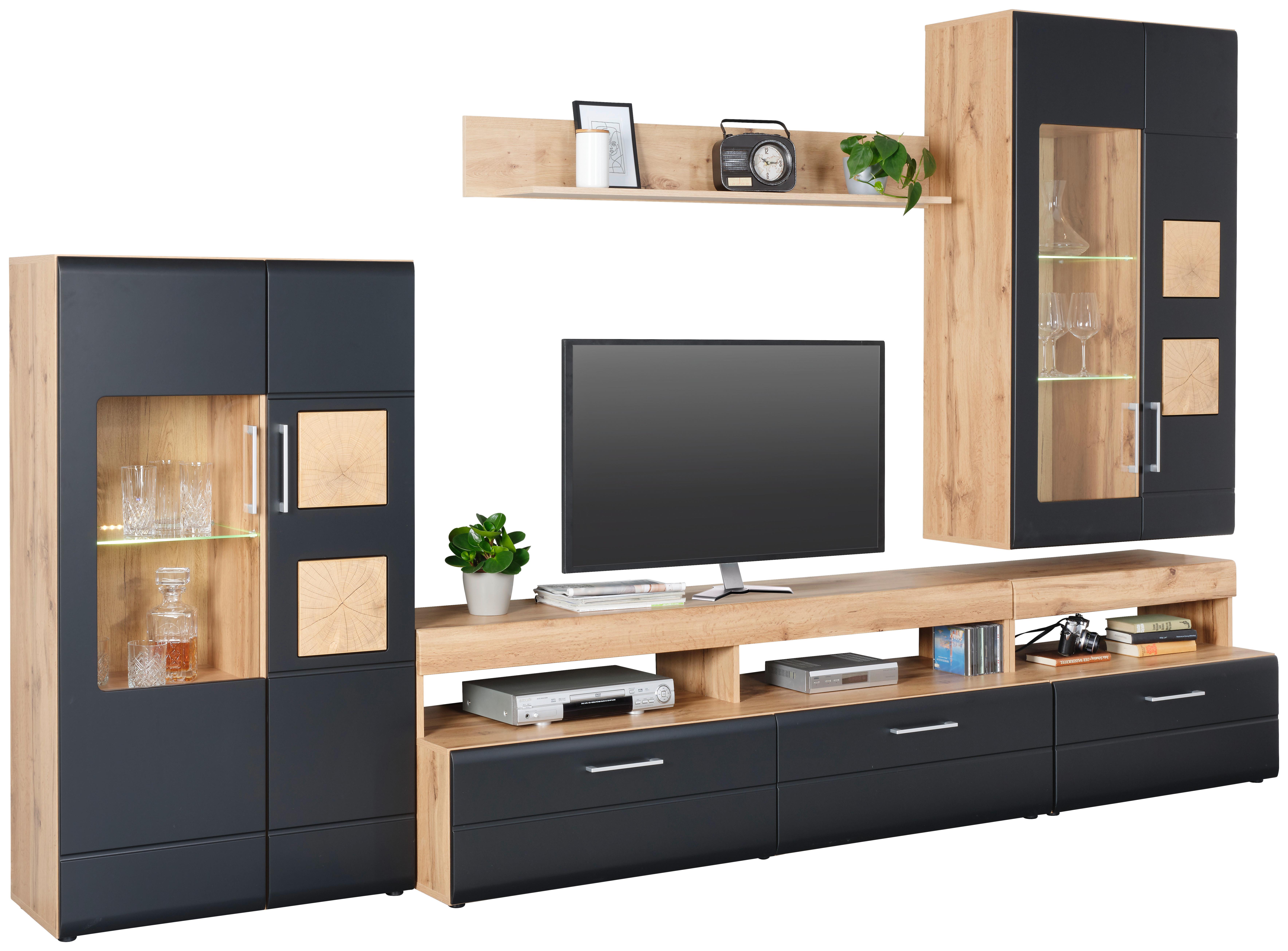 Wohnwand in Schwarz/Eichefarben - Chromfarben/Eichefarben, KONVENTIONELL, Glas/Holzwerkstoff (330/208/52cm) - Mömax