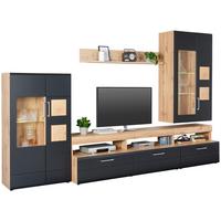 Wohnwand in Schwarz/Eichefarben - Chromfarben/Eichefarben, KONVENTIONELL, Glas/Holzwerkstoff (330/208/52cm) - Mömax