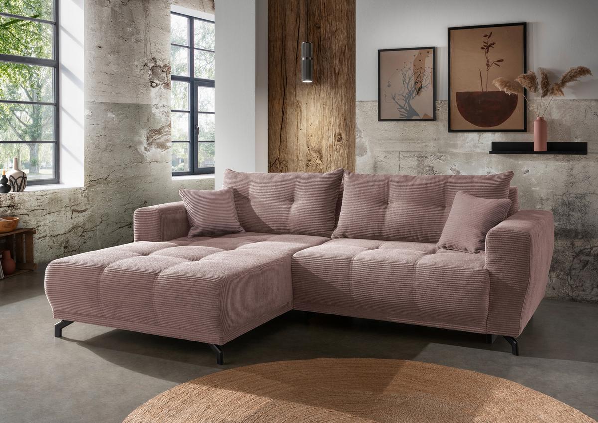 Wohnlandschaft Restato Rosa Cord - Schwarz/Rosa, MODERN, Holz/Textil (177/246cm) - MID.YOU