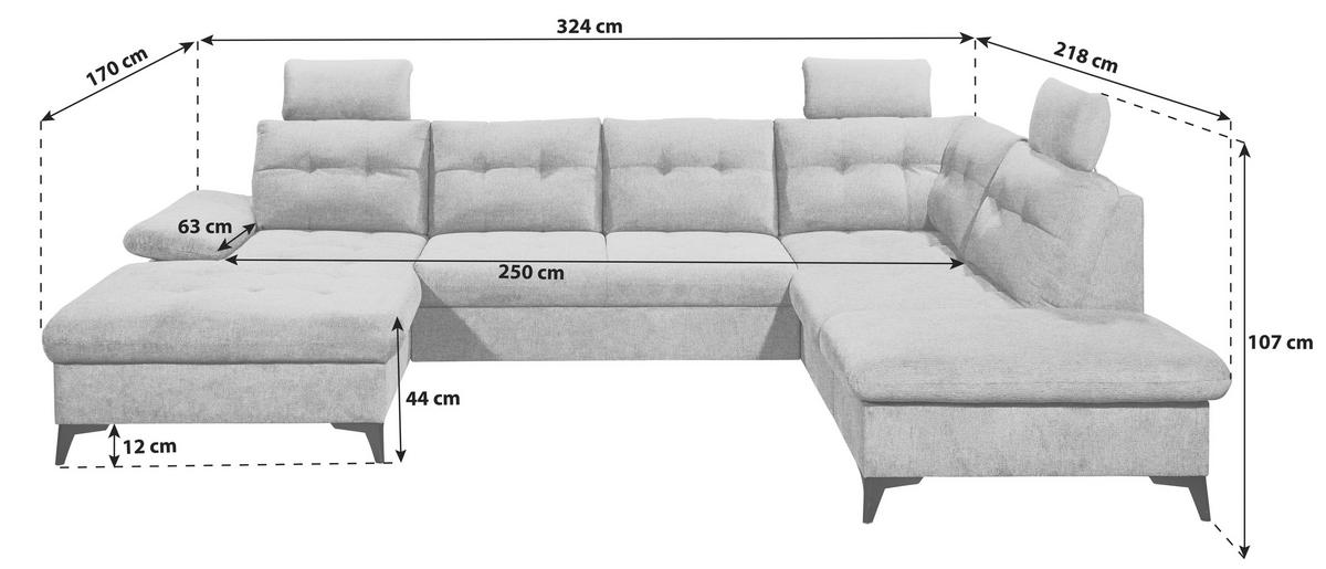 Wohnlandschaft Durban U ca. 170x324x218 cm Eisblau - Blau/Schwarz, KONVENTIONELL, Kunststoff/Textil (170/324/218cm) - MID.YOU