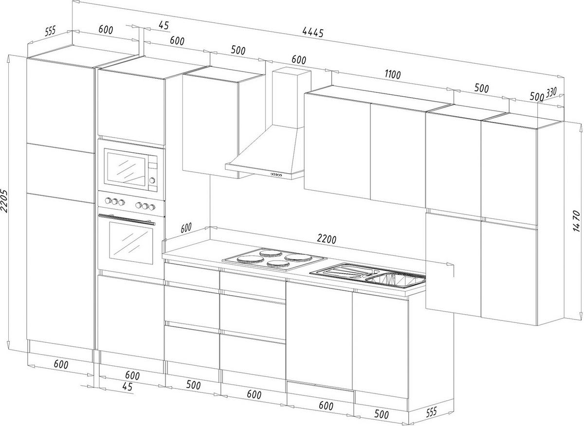 Küchenzeile Premium m. Geräte Weiß/Eiche B: ca. 445 cm - Eichefarben/Weiß Hochglanz, Basics, Holzwerkstoff (445cm) - Respekta