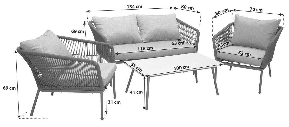 Loungegarnitur Lindos ca. 134x69x80 cm Grau/Schwarz - Schwarz/Grau, KONVENTIONELL, Kunststoff/Stein (134/69/80cm) - Gardenson