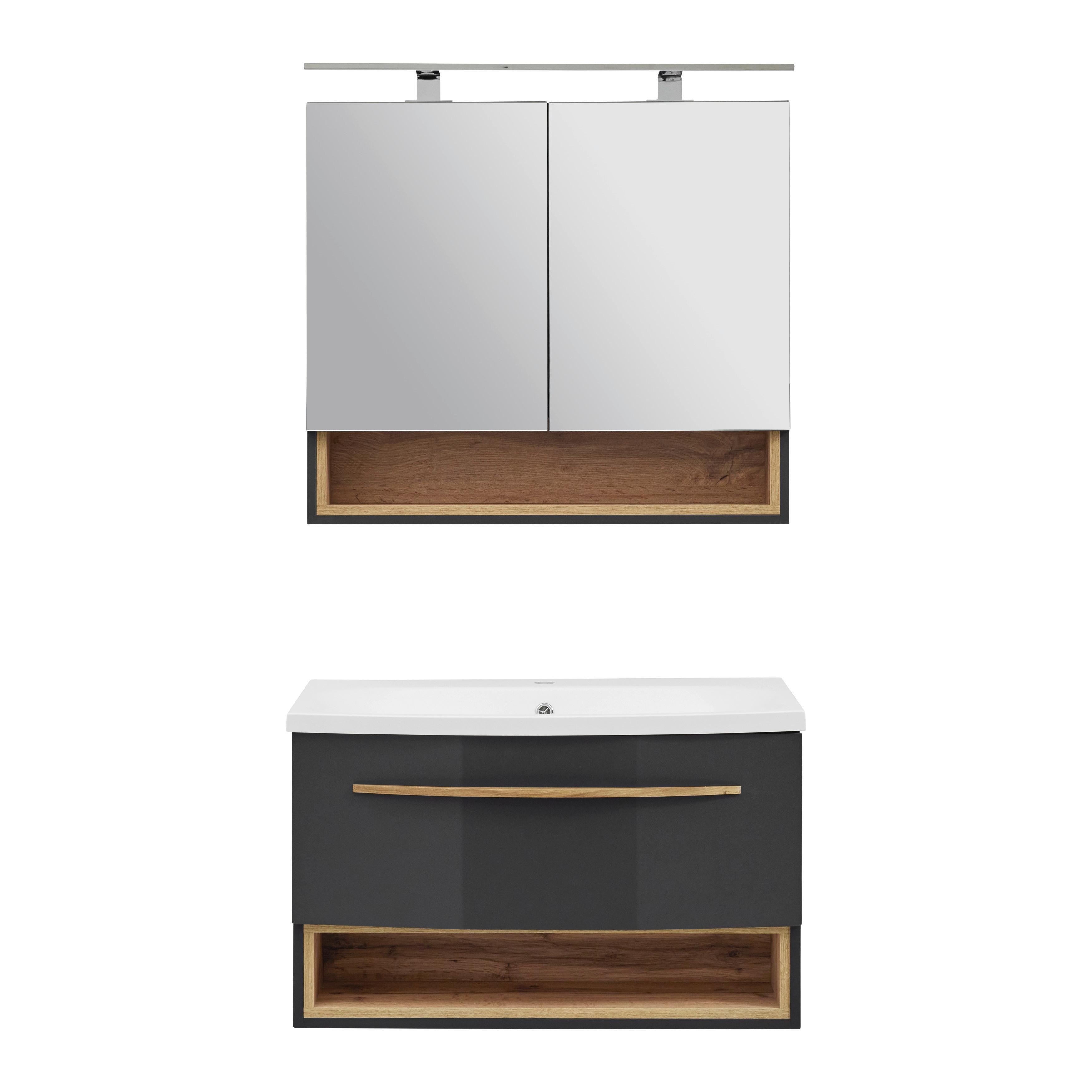 Waschtischkombi "Atlanta" mit Waschbecken & Spiegelschrank - Weiss/Dunkelgrau, Modern, Holz (80/180/50cm) - Bessagi Home