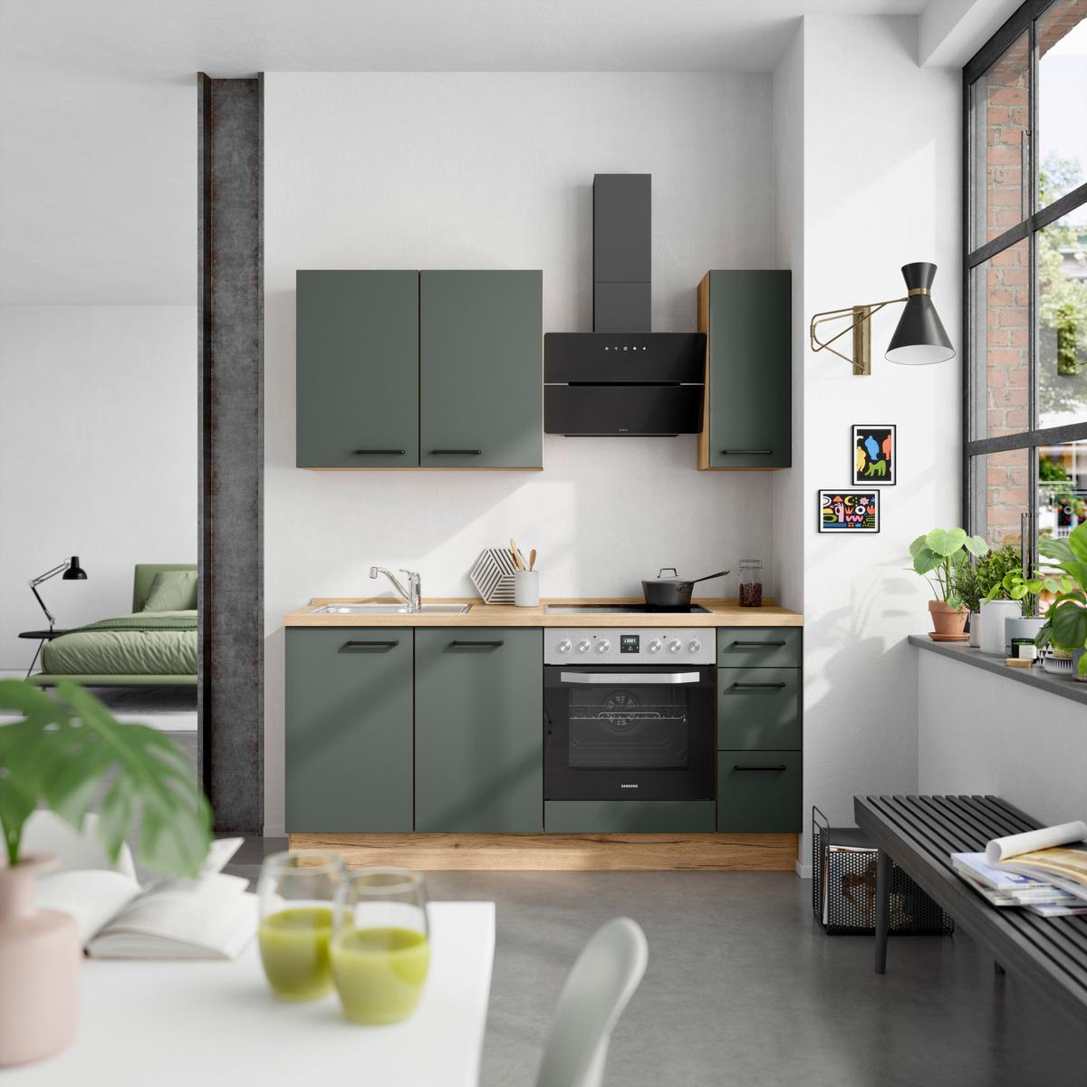 Küchenblock Easytouch m. Geräten Dunkelgrün - Dunkelgrün/Eichefarben, MODERN, Holzwerkstoff/Metall (180cm) - Nobilia