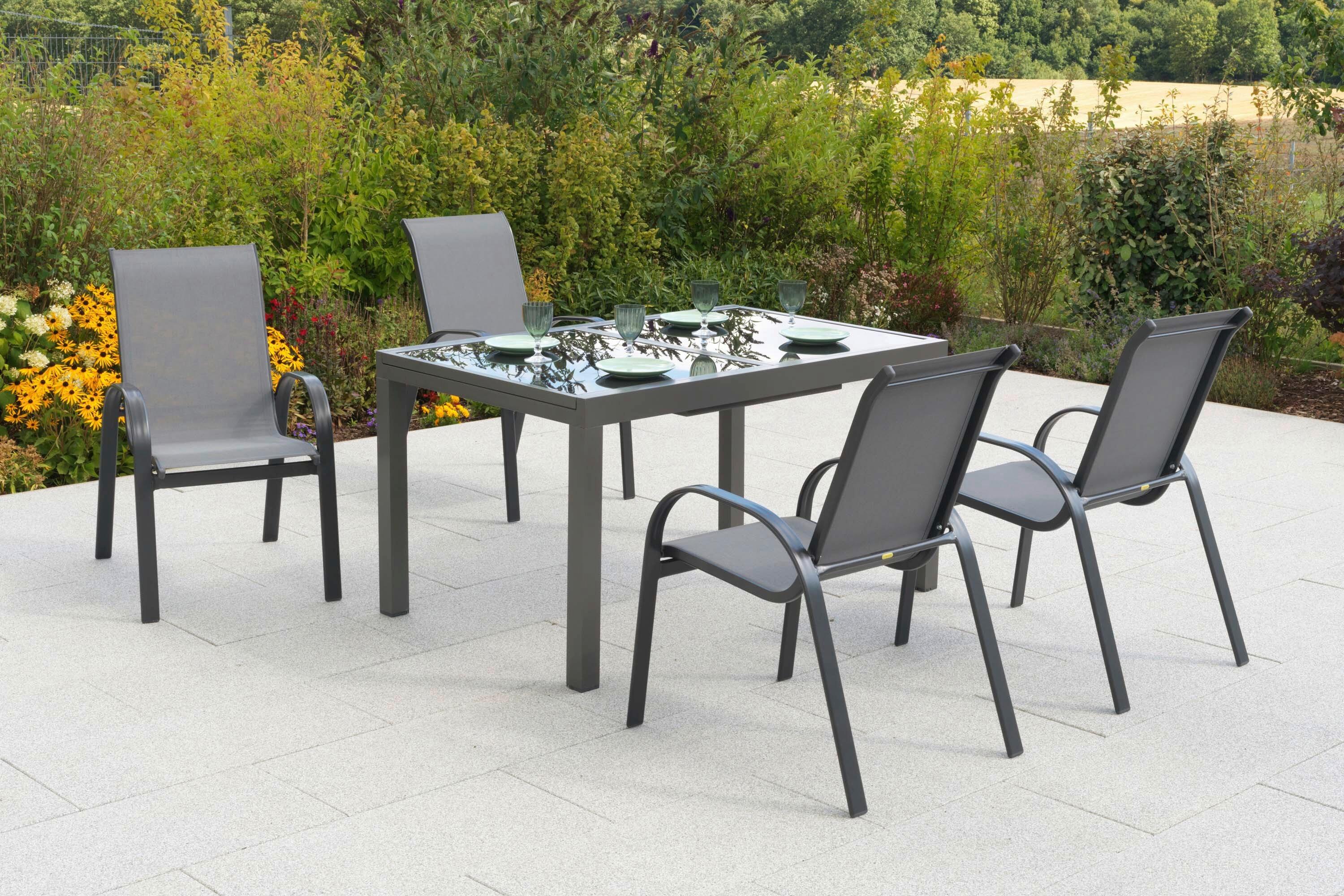 Gartentischgruppe Amalfi 5-tlg. Graphitfarben - Graphitfarben/Grau, KONVENTIONELL, Glas/Textil - Gardenson