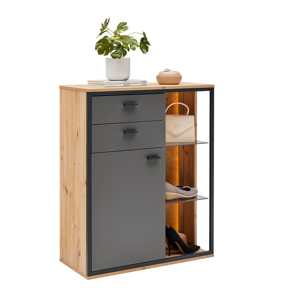 Schuhschrank Florenz Grau/Eiche Artisan - Schwarz/Eiche Artisan, Modern, Glas/Holzwerkstoff (79/100,2/37,3cm) - Premium Living