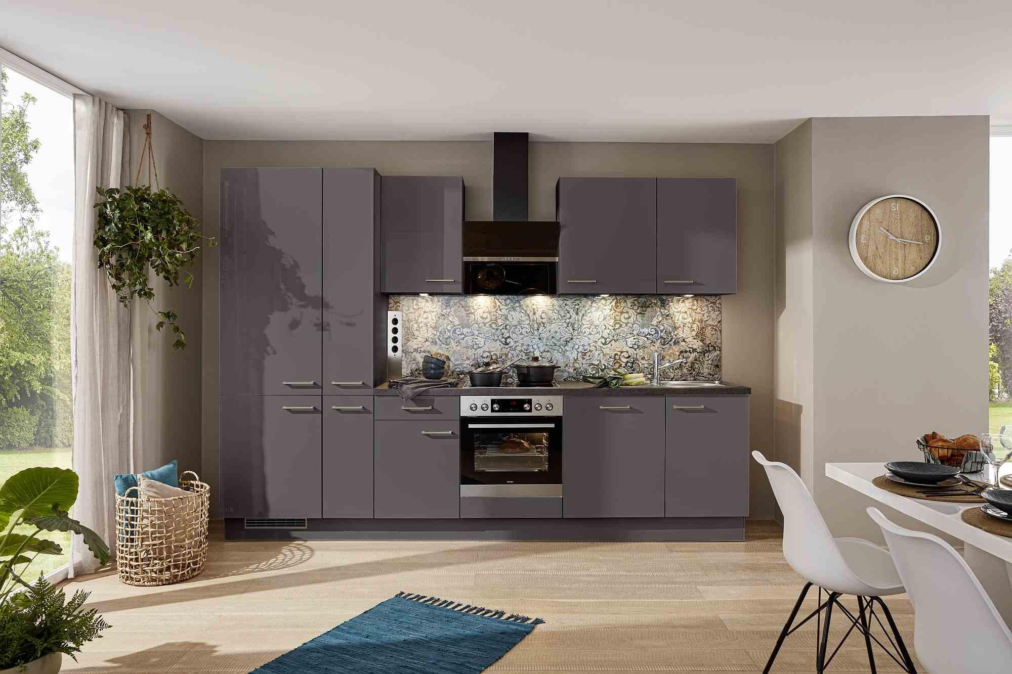 Küchenblock o. Geräte IP4050 in Grafit Hochglanz - Edelstahlfarben/Dunkelgrau, MODERN, Holzwerkstoff/Metall (310cm) - Impuls