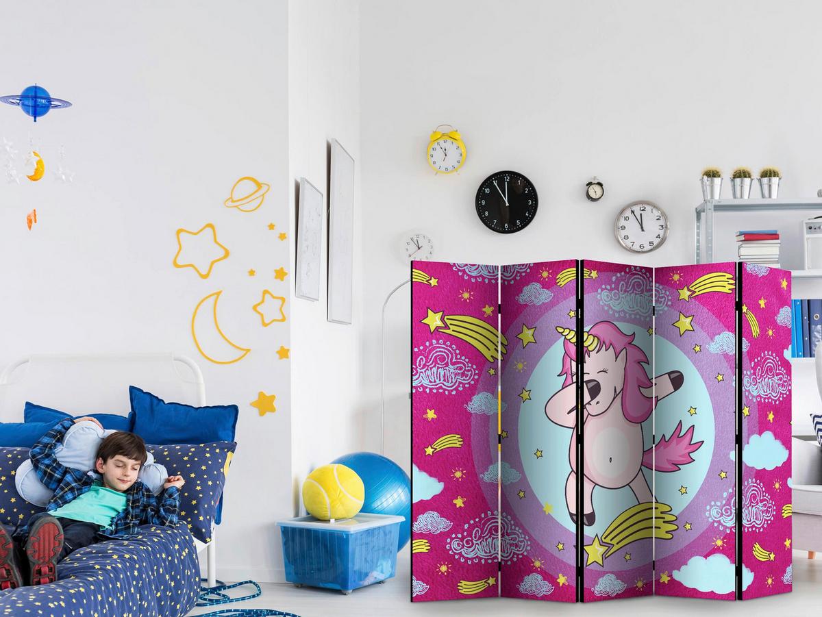 Paravan Dancing Unicorn I, 5-Delni, Dvostranski - pink/svetlo modra, Basics, tekstil/les (225/172/3cm) - artgeist