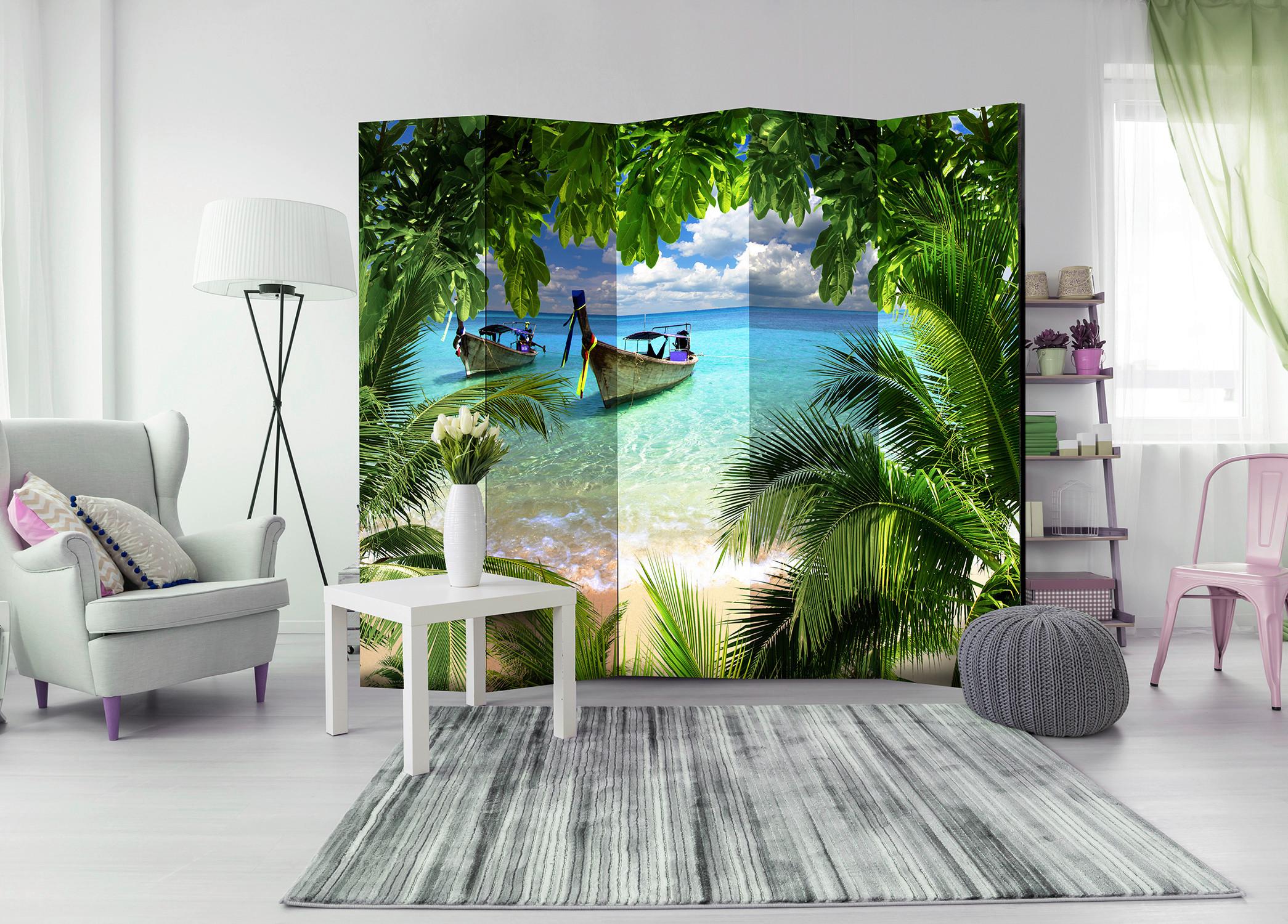 Paravan Tropical Paradise I, 5-Delni, Dvostranski - svetlo modra/zelena, Basics, tekstil/les (225/172/3cm) - artgeist