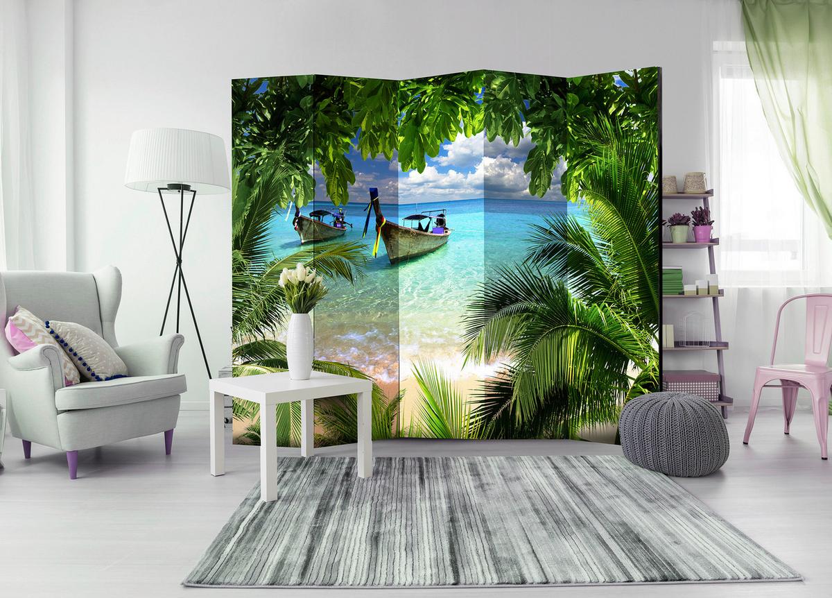 Paravan Tropical Paradise I, 5-Delni, Akustičen - svetlo modra/zelena, Basics, umetna masa/tekstil (225/172/3cm) - artgeist