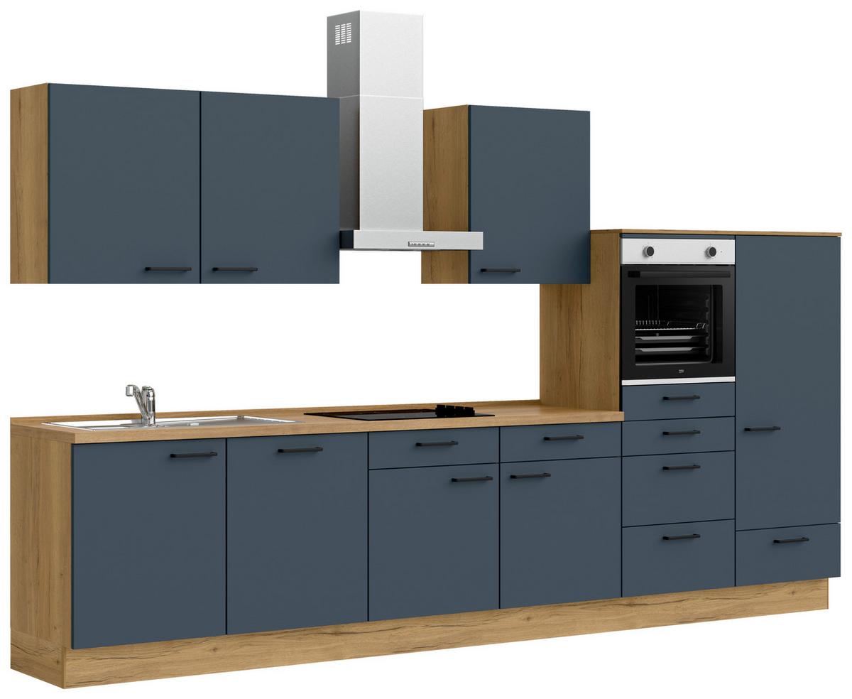 Küchenblock Easytouch Low m. Geräten Blau - Blau/Eichefarben, MODERN, Holzwerkstoff/Metall (360cm) - Nobilia