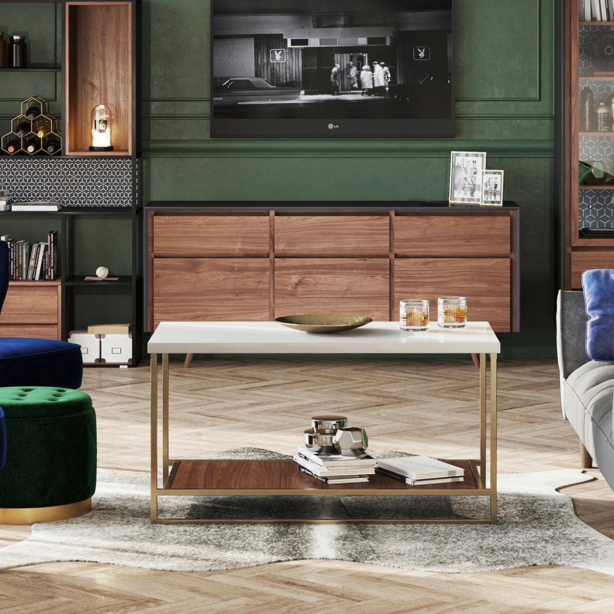 PLAYBOY Couchtisch Olivia ca. 120x60 cm Weiß/Braun/Gold - Nussbaumfarben/Goldfarben, KONVENTIONELL, Holzwerkstoff/Metall (120/60/45cm) - Playboy
