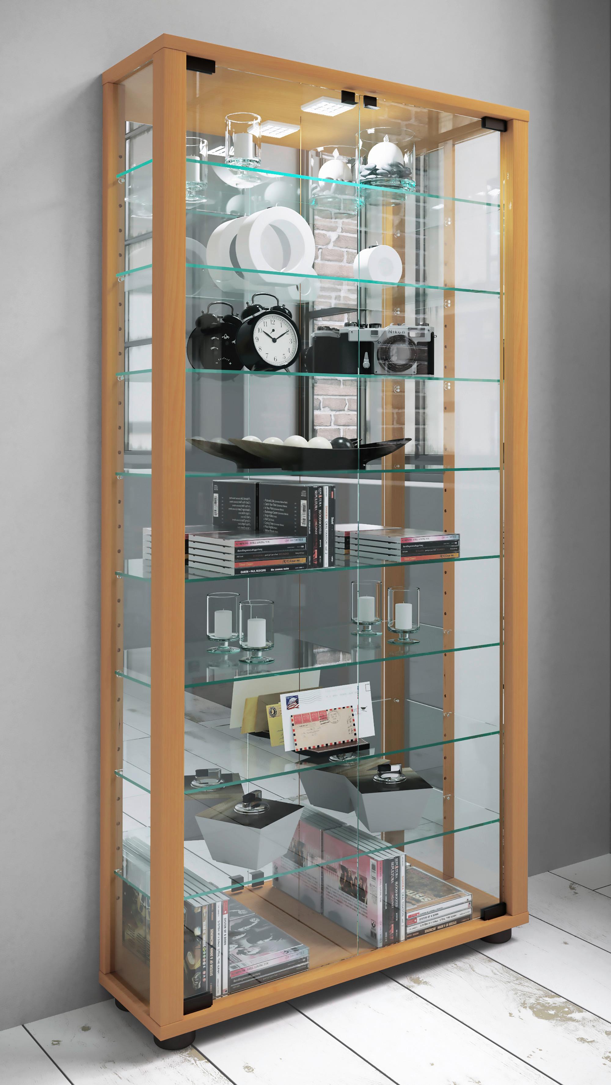 Vitrine Lumo mit LED ca. 59x115x18 cm Buche - Buchefarben/Schwarz, MODERN, Glas/Holzwerkstoff (59/114,8/18cm) - MID.YOU