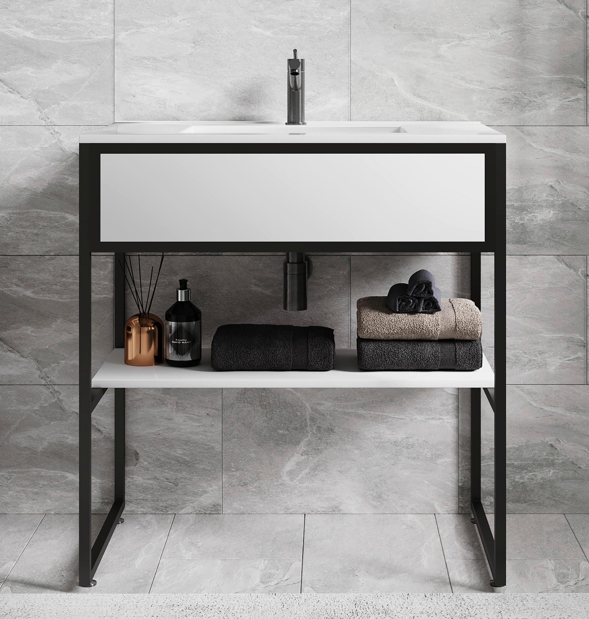 Kombiniran Umivalnik Bitila 80, Bela, Črna - črna/bela, Moderno, kovina/leseni material (80cm) - MID.YOU