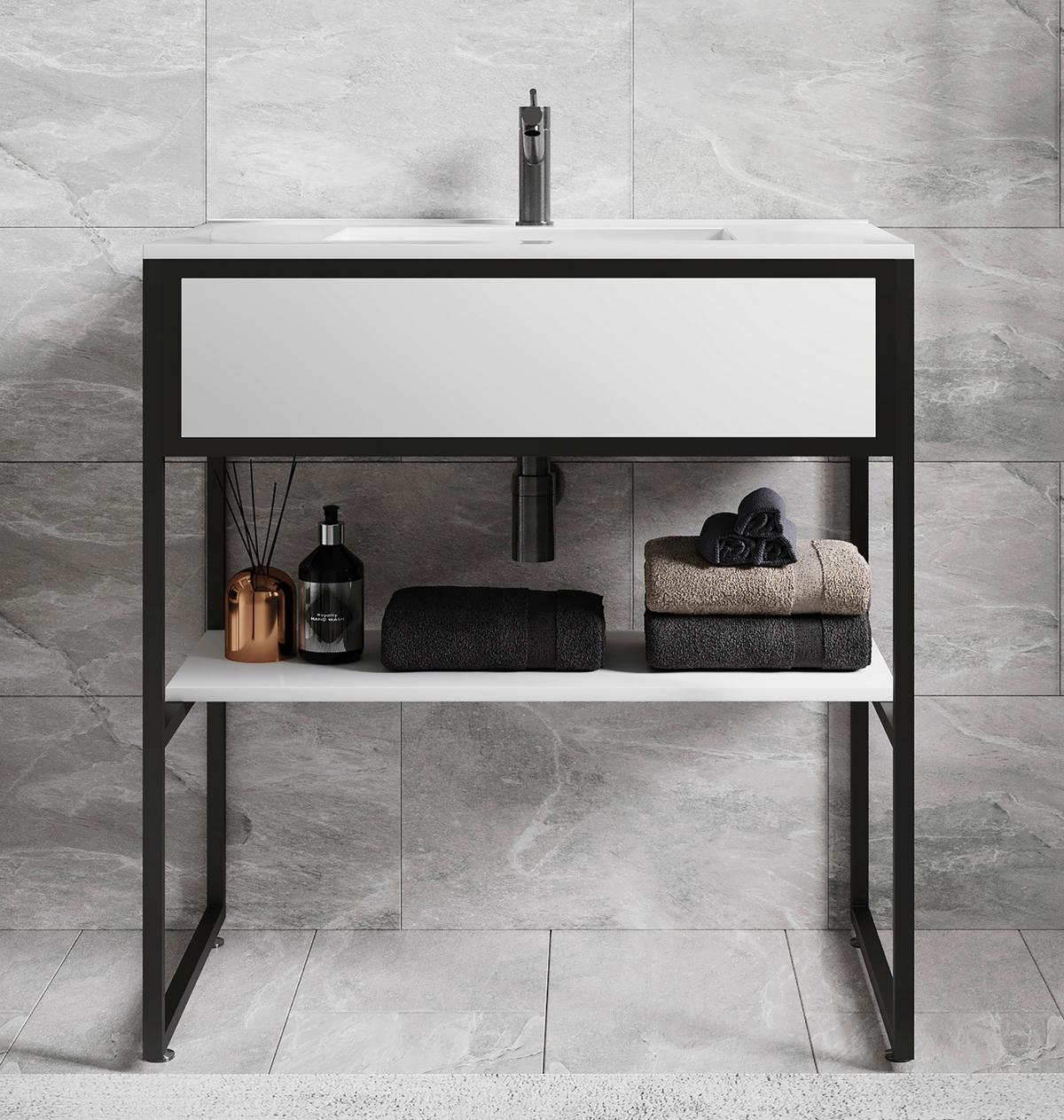 Kombiniran Umivalnik Bitila 80, Bela, Črna - črna/bela, Moderno, kovina/leseni material (80cm) - MID.YOU